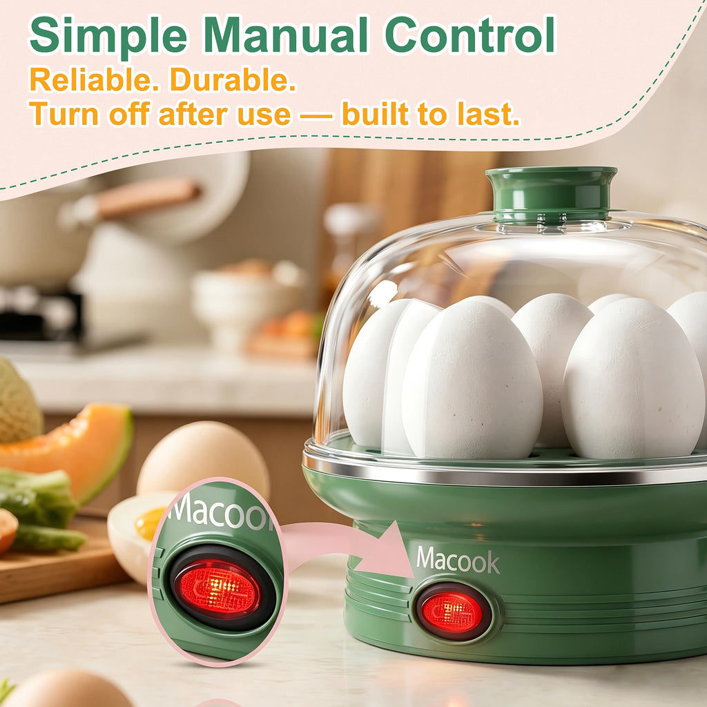 Macook Electric Egg Cooker and Boiler, 7-Egg Capacity Steamer, Fast Heating, for Hard, Soft, Medium Boiled Eggs, with 304 Stainless Steel Tray, BPA-Free, Green