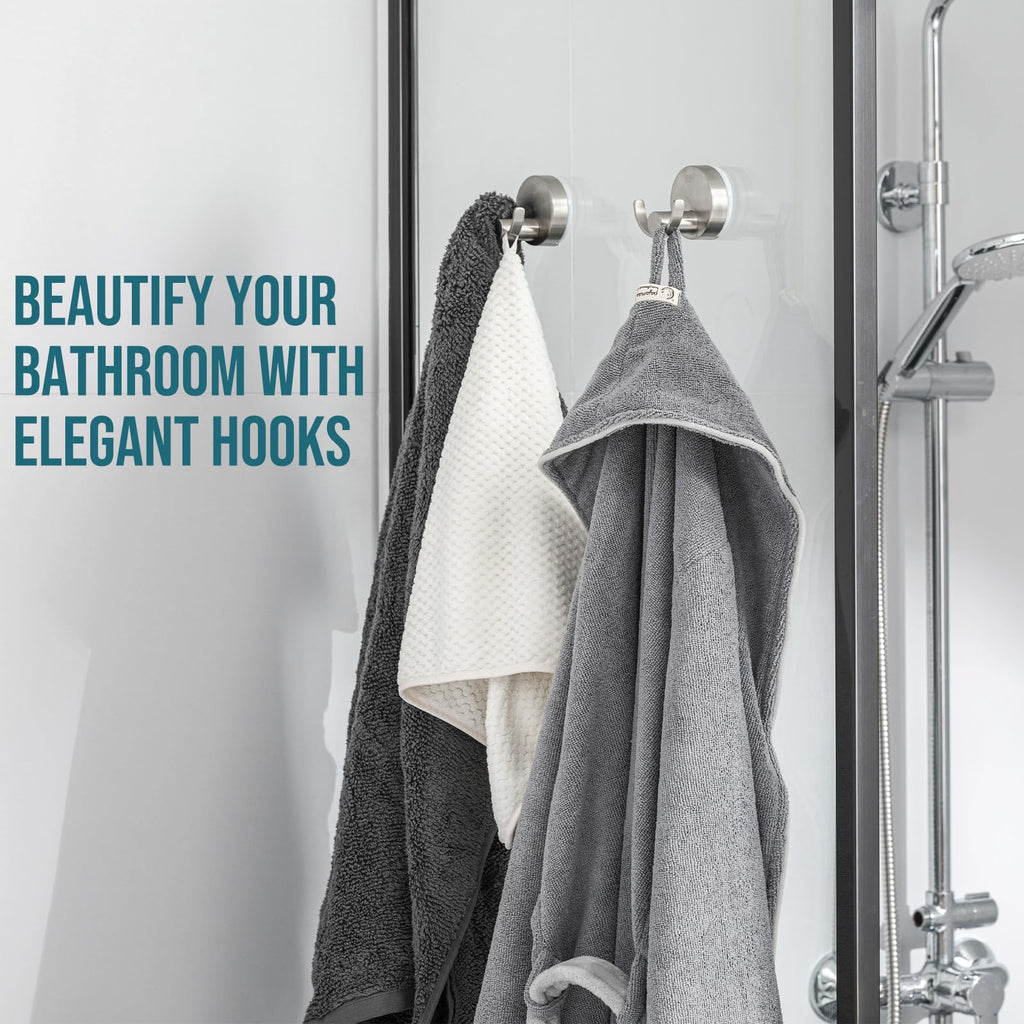 TAILI 304 Stainless Steel Bathroom Suction Hooks for Towel, Bathrobe, Loofah, Patented Strong Suction Cup Holder, No Damage Hanging Glass Shower Wall Hook, Double-Hook Sleek Design, 2 Pack