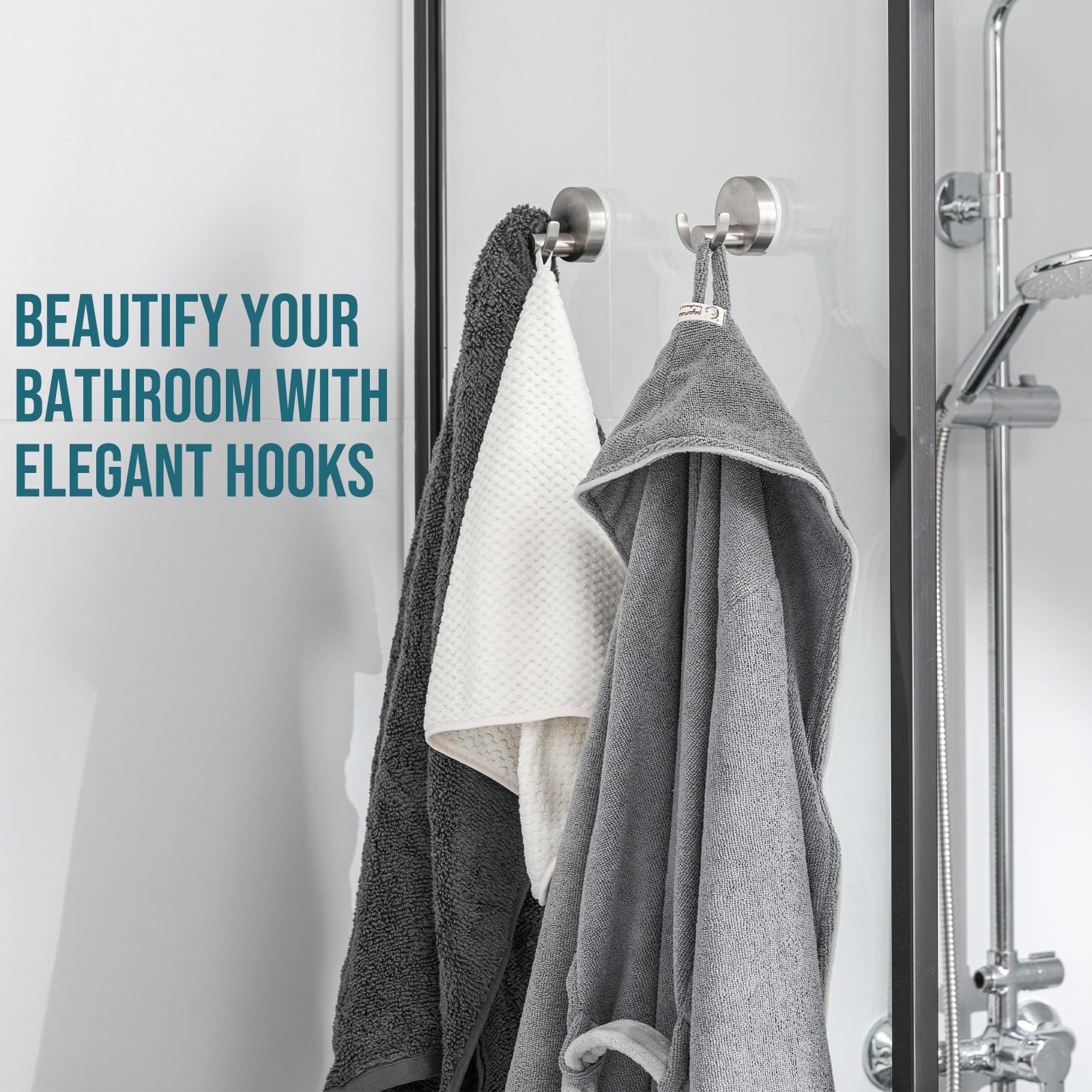 TAILI 304 Stainless Steel Bathroom Suction Hooks for Towel, Bathrobe, Loofah, Patented Strong Suction Cup Holder, No Damage Hanging Glass Shower Wall Hook, Double-Hook Sleek Design, 2 Pack