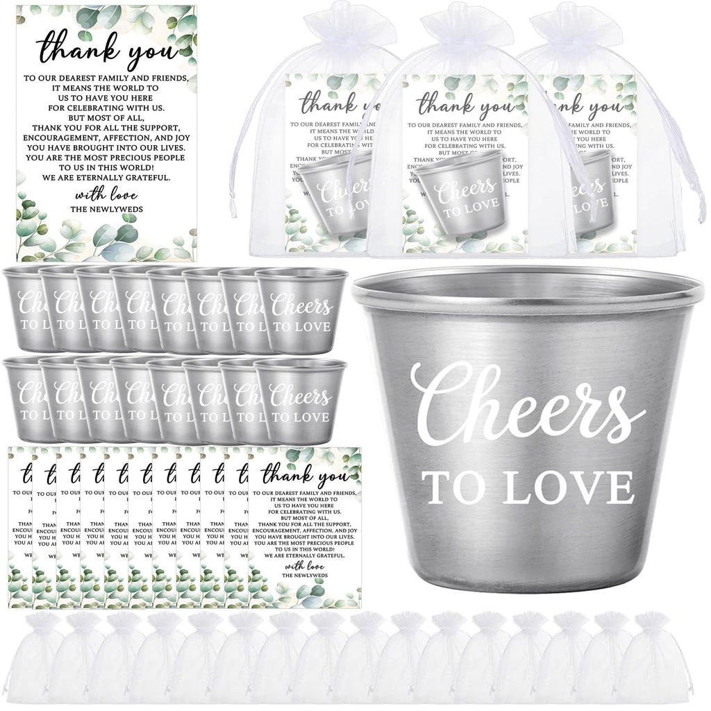 50 Set Wedding Favors for Guests Bulk - 1.5oz Cheers to Love Stainless Steel Shot Glasses with Thank You Cards and Organza Bags Souvenir Gifts for Guests Engagement, Wedding, Bridal Party