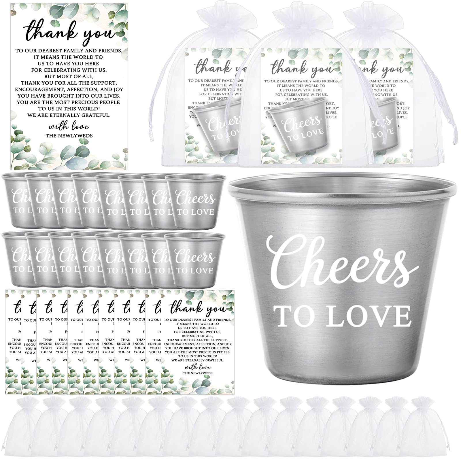 50 Set Wedding Favors for Guests Bulk - 1.5oz Cheers to Love Stainless Steel Shot Glasses with Thank You Cards and Organza Bags Souvenir Gifts for Guests Engagement, Wedding, Bridal Party