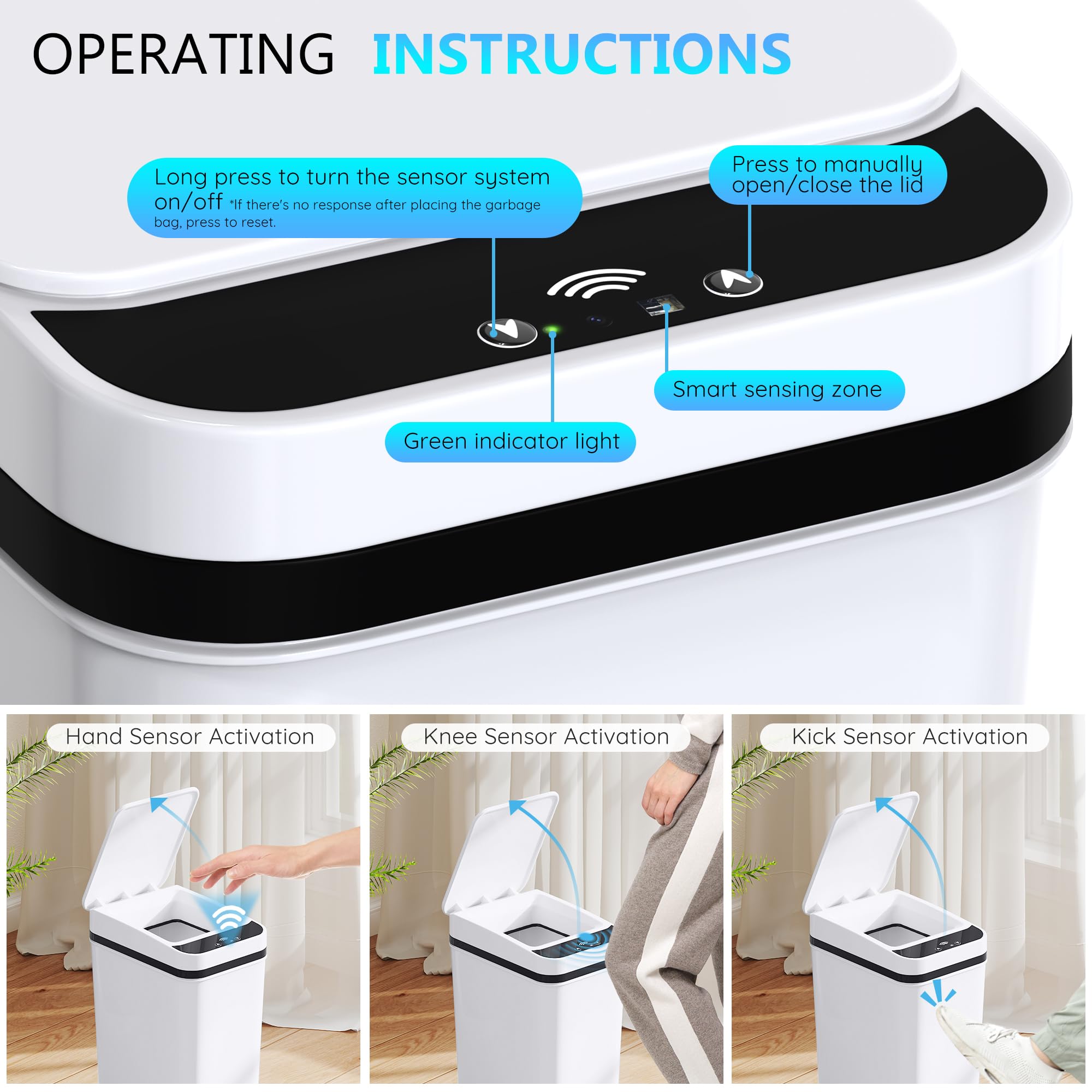 Bathroom Trash Can with Lid Touchless Automatic Garbage Can, 2.6 Gallon Slim Waterproof Motion Sensor Smart Trash Can, Small Plastic Trash Bin for Bedroom, Living Room