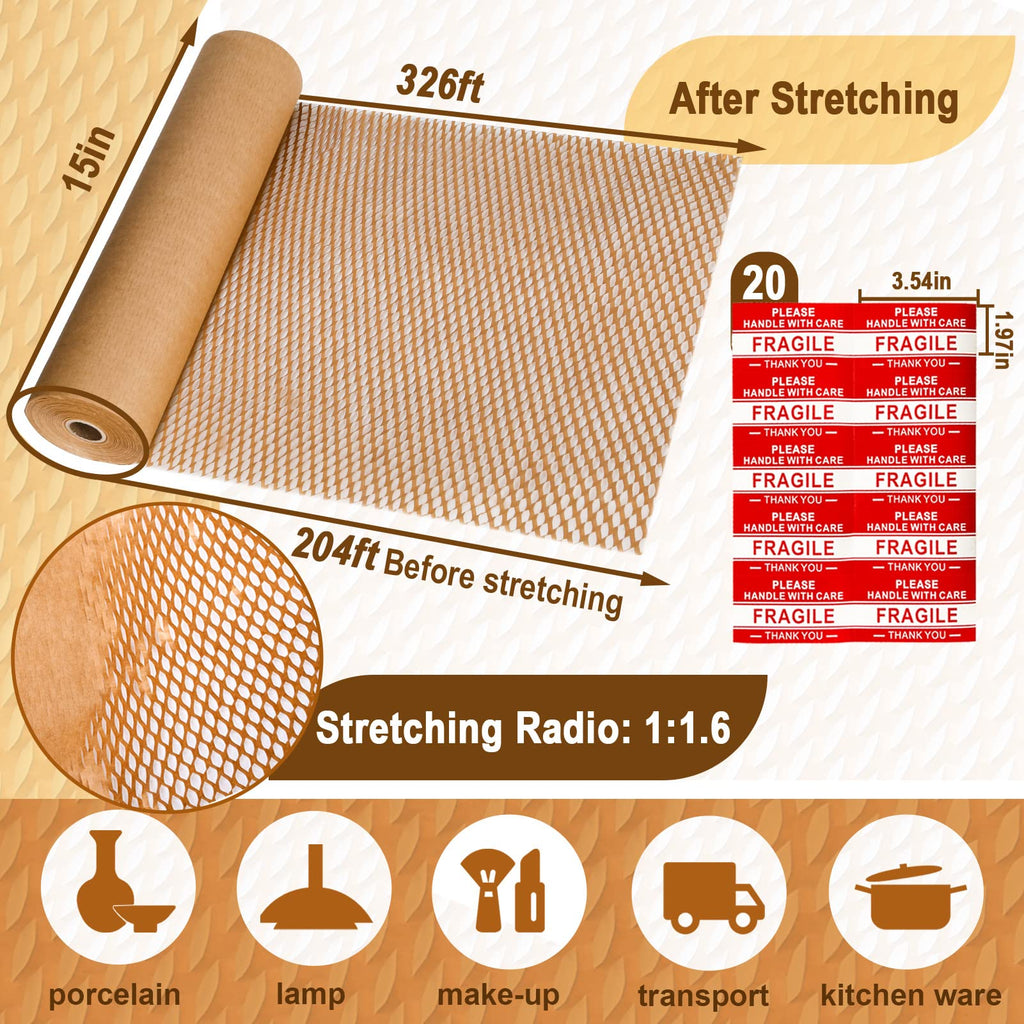 Honeycomb Packing Paper, 204' x 15" Recyclable Cushion Packing Paper for Moving Shipping Packaging Breakables, Eco Friendly Bubble Wrap Alternative Roll Kraft Honeycomb Paper with 20 Fragile Stickers