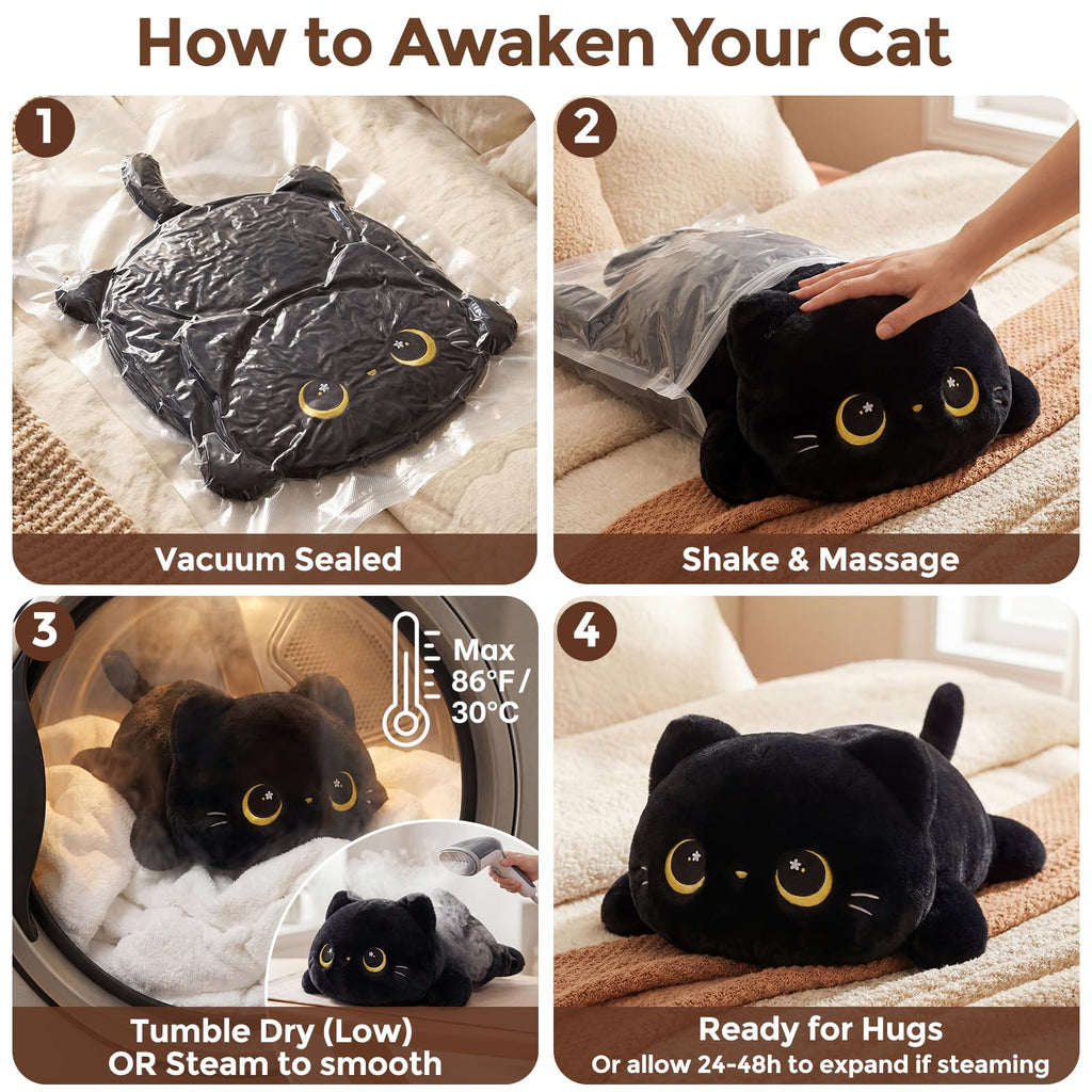 Mewaii Cute Black Cat Plush Pillow, Kawaii Plushies Black Cat Stuffed Animals, Squishy Plushies, Cuddle Plush Pillow for Kids & Girls (13 Inch)