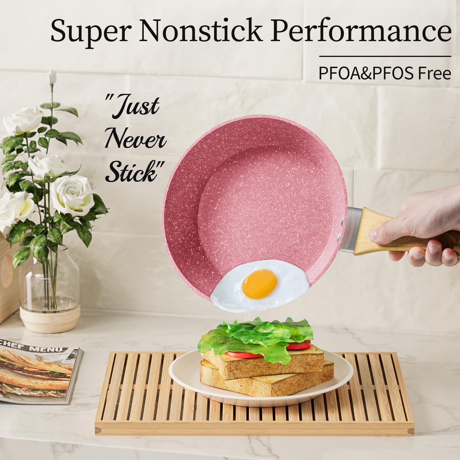 Innwewell Non Stick Frying Pan - Pink Non Stick Skillet Frying Pans, Safe&No Toxic Egg Omelette Frying Pan, 8 Inch Small Nonstick Cookware Cooking Pan, Induction Compatible, PFOA Free