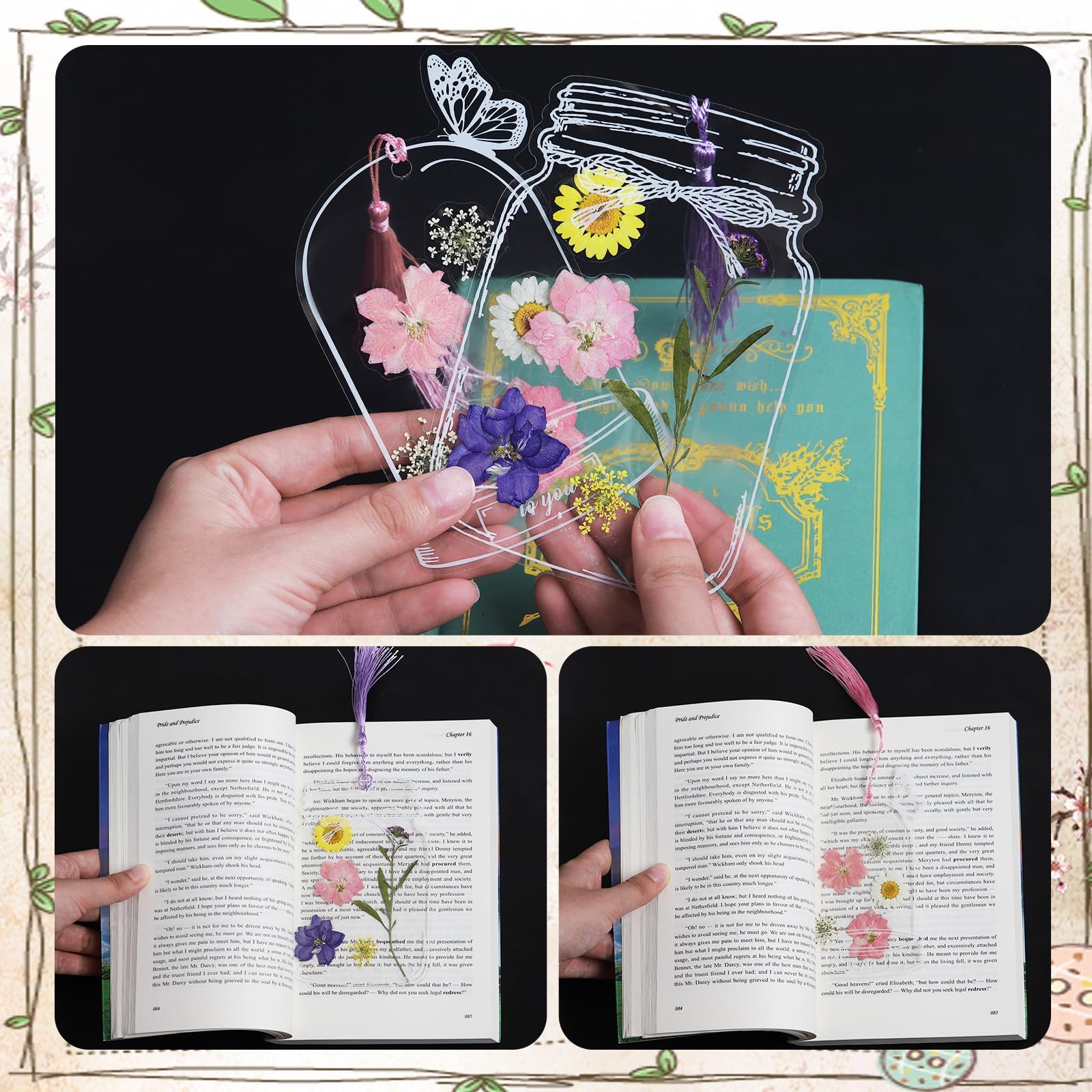 103PCS Bookmark Making Kit, Kaluofan DIY Bookmark Transparent Dried Flower Bookmarks Kit with Abundant Bottle Bookmarks Dried Flowers Tassels and Tweezer