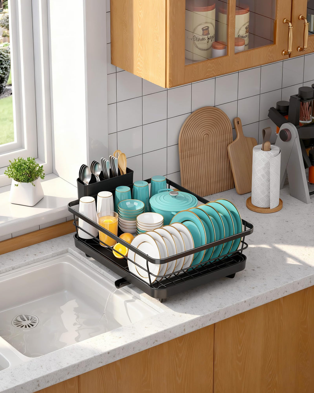 Sakugi Dish Drying Rack - Compact Dish Racks with Drain Board for Kitchen Counter, Durable Stainless Steel Dish Rack Used in Sink & on Countertop, Dark Black, Large