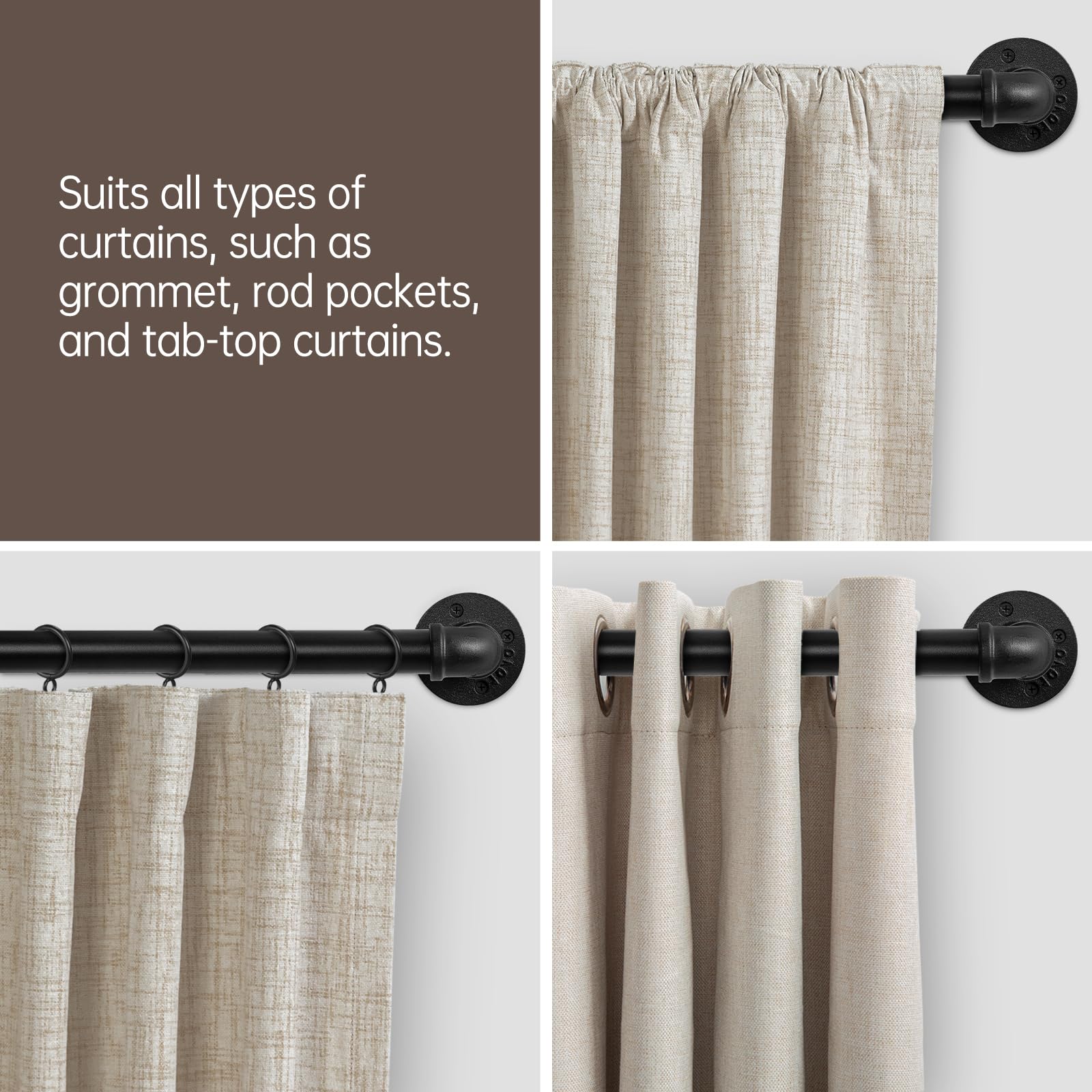 Zeerobee Curtain Rods for Windows 66 to 120, 1 Inch Industrial Wrap Around Black Curtain Rod, Indoor/Outdoor Room Divider Adjustable Drapery Pole, 66"-120"