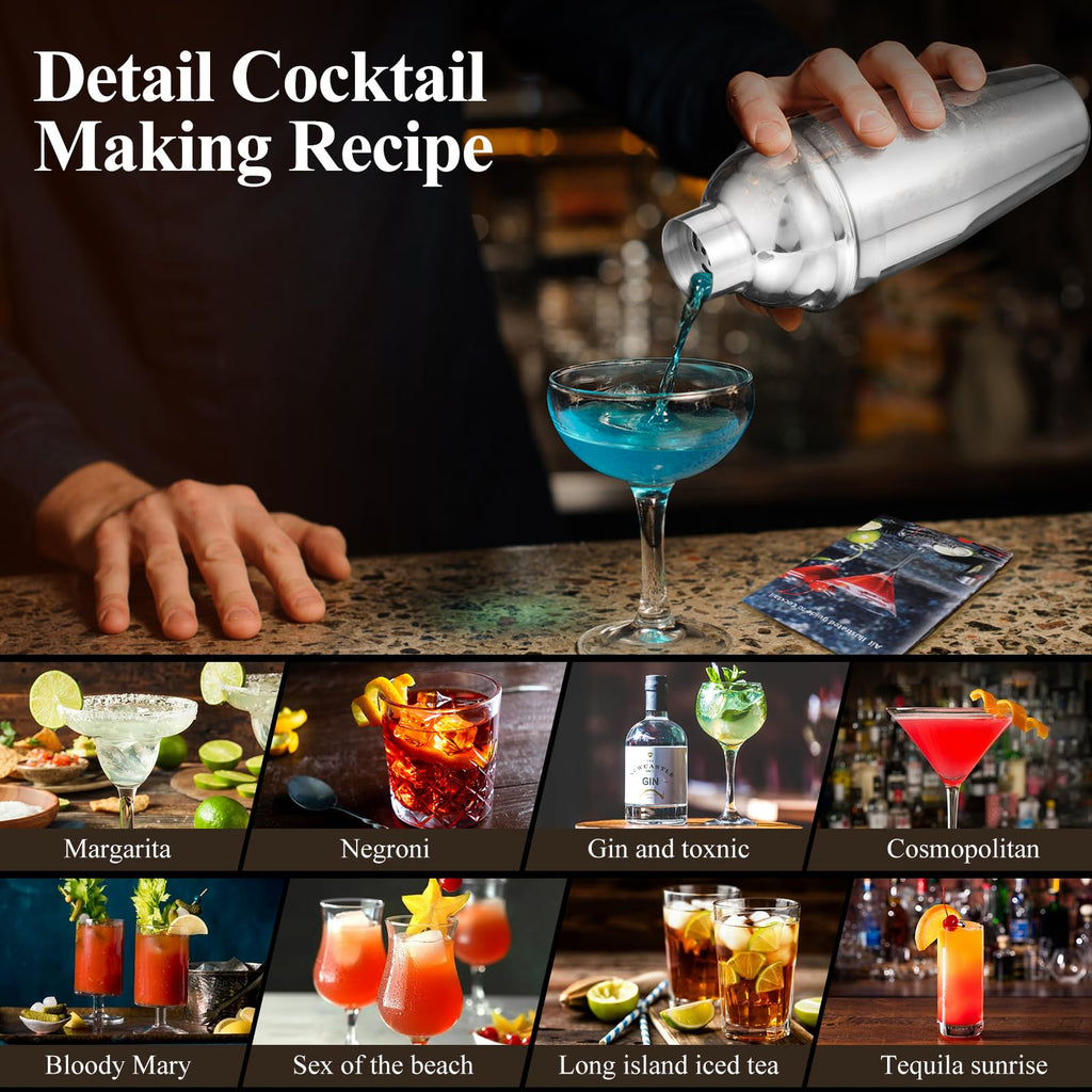 HANFLLC 24oz Cocktail Shaker Set, Drink Shaker Cocktail Kit 304 Stainless Steel, Martini Shakers with Strainer, Bar Drink Shakers for Cocktail with Mixing Spoon & Double Sided Jigger Men Gifts Ideas