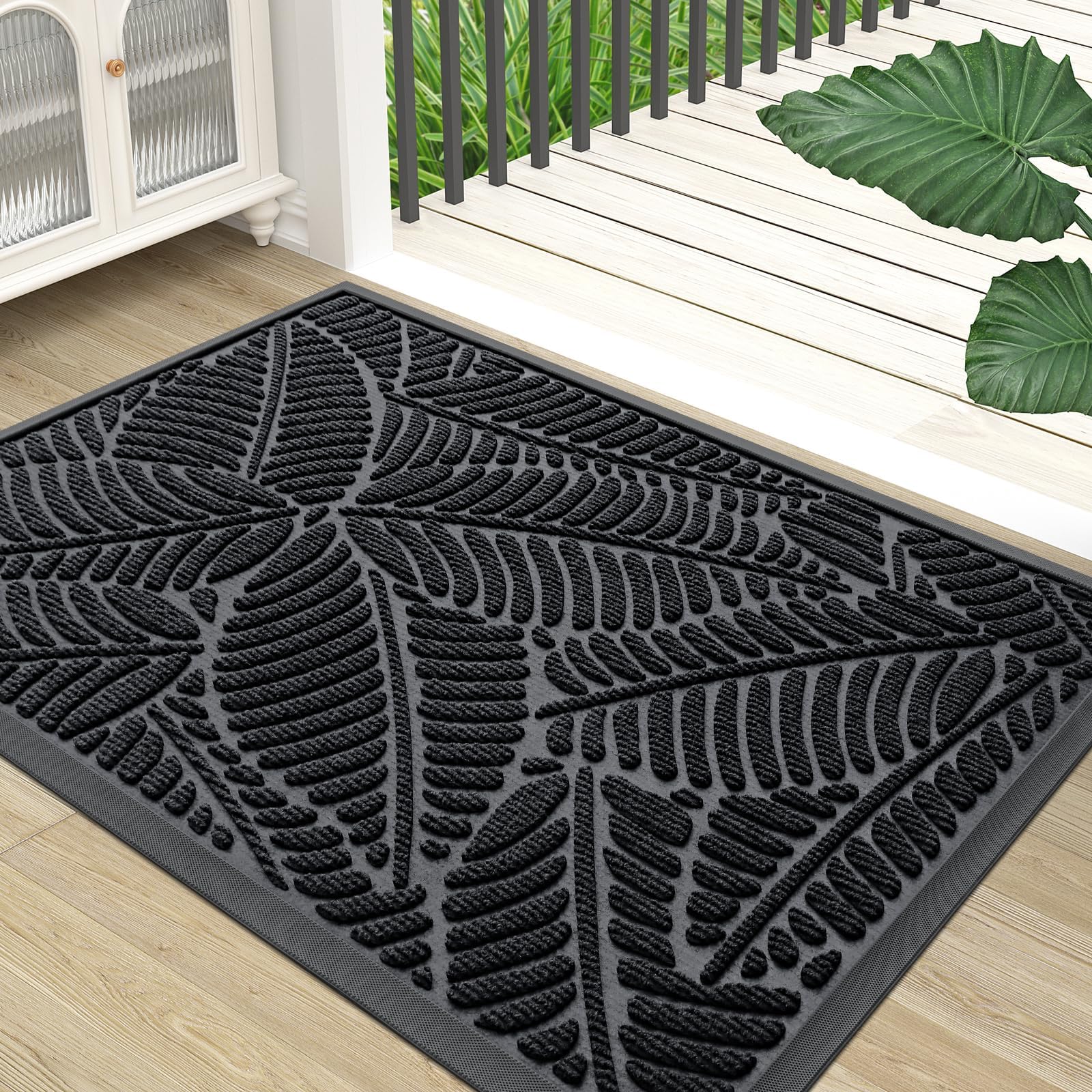 Grandaily Front Door Mat Indoor Outdoor Waterproof Doormat, Non Slip Natural Rubber Welcome Mat, Heavy Duty Durable Super Absorbent Entryway Rugs, 30"x17", Black