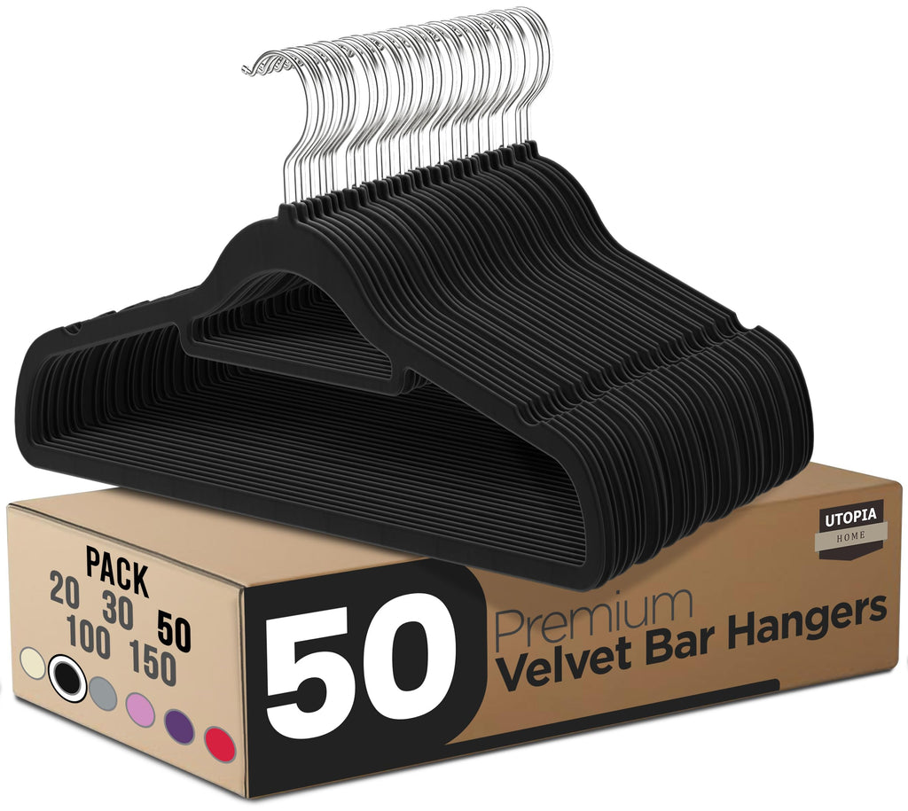 Utopia Home Premium Velvet Hangers 50 Pack - Non-Slip Clothes Hangers with Tie Bar - Black Hangers - Standard Hangers with 360 Degree Rotatable Hook - Heavy Duty Coat Hangers