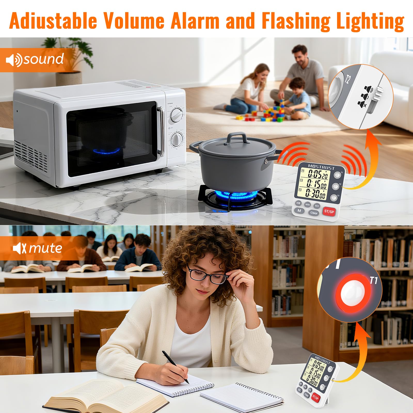 MOSTRUST Digital Dual Kitchen Timer, 3 Channels Count UP/Down Timer, Cooking Timer, Large Display Triple Timer, Loud Volume Alarm and Flashing Light with Magnetic Back, Stand, Battery Included (M318)