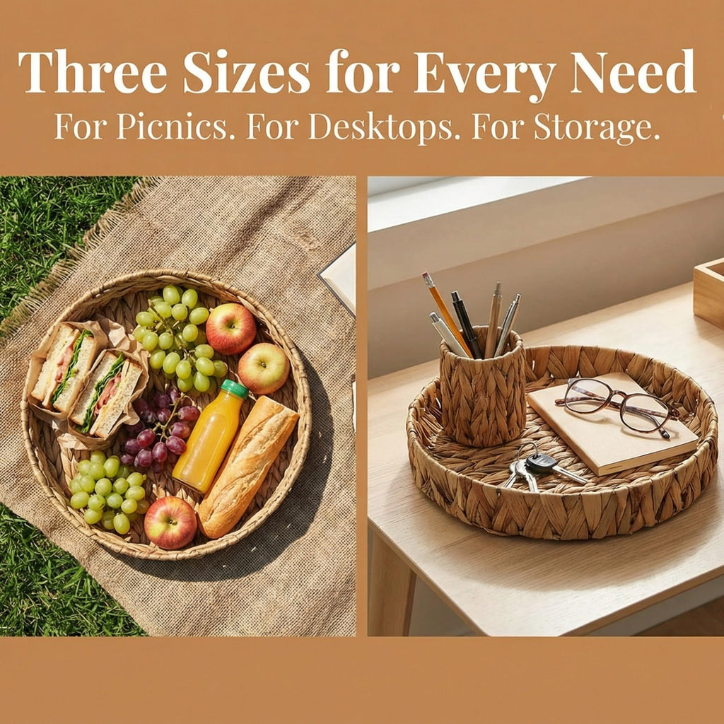 Cedilis Set of 3 Grass Round Fruit Basket, Hand Woven Coffee Table Tray, Decorative Storage Basket Tray for Decor Home, 11.8'', 10'', 7.8''