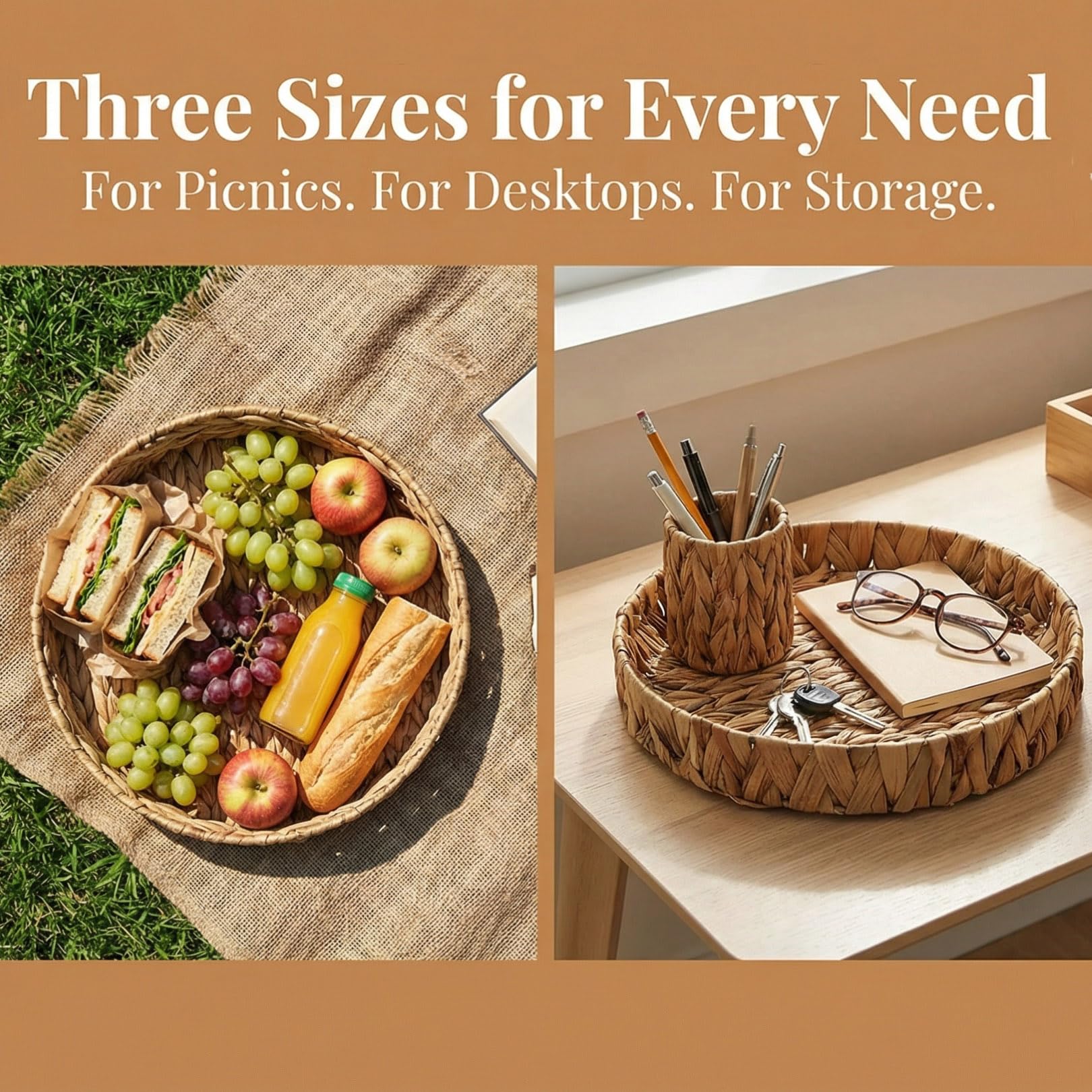 Cedilis Set of 3 Grass Round Fruit Basket, Hand Woven Coffee Table Tray, Decorative Storage Basket Tray for Decor Home, 11.8'', 10'', 7.8''