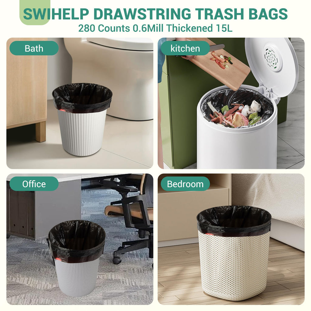 SWIHELP Drawstring Trash Bags 280 Counts 4 Gallon Garbage Bags 15 Liters Plastic Trash Can Liners Waste Basket Bin Liners