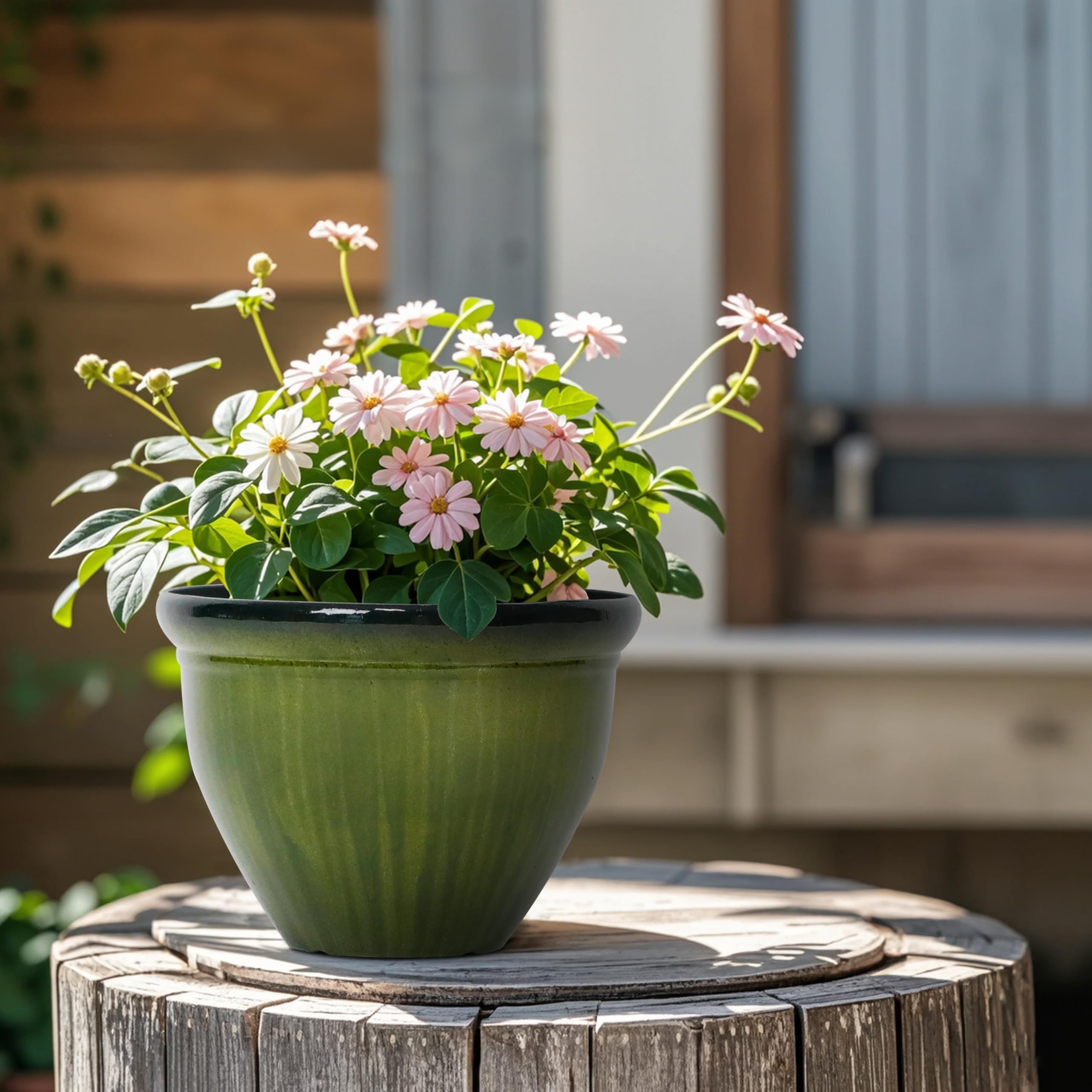 Worth Garden 8-Inch Dia. Round Green Plastic Planters with Drain Holes, 5.9-Inch Height - 2-Pack Glossy Finish Bell-Shaped Plant Pot – Lightweight Indoor/Outdoor Flower Pots