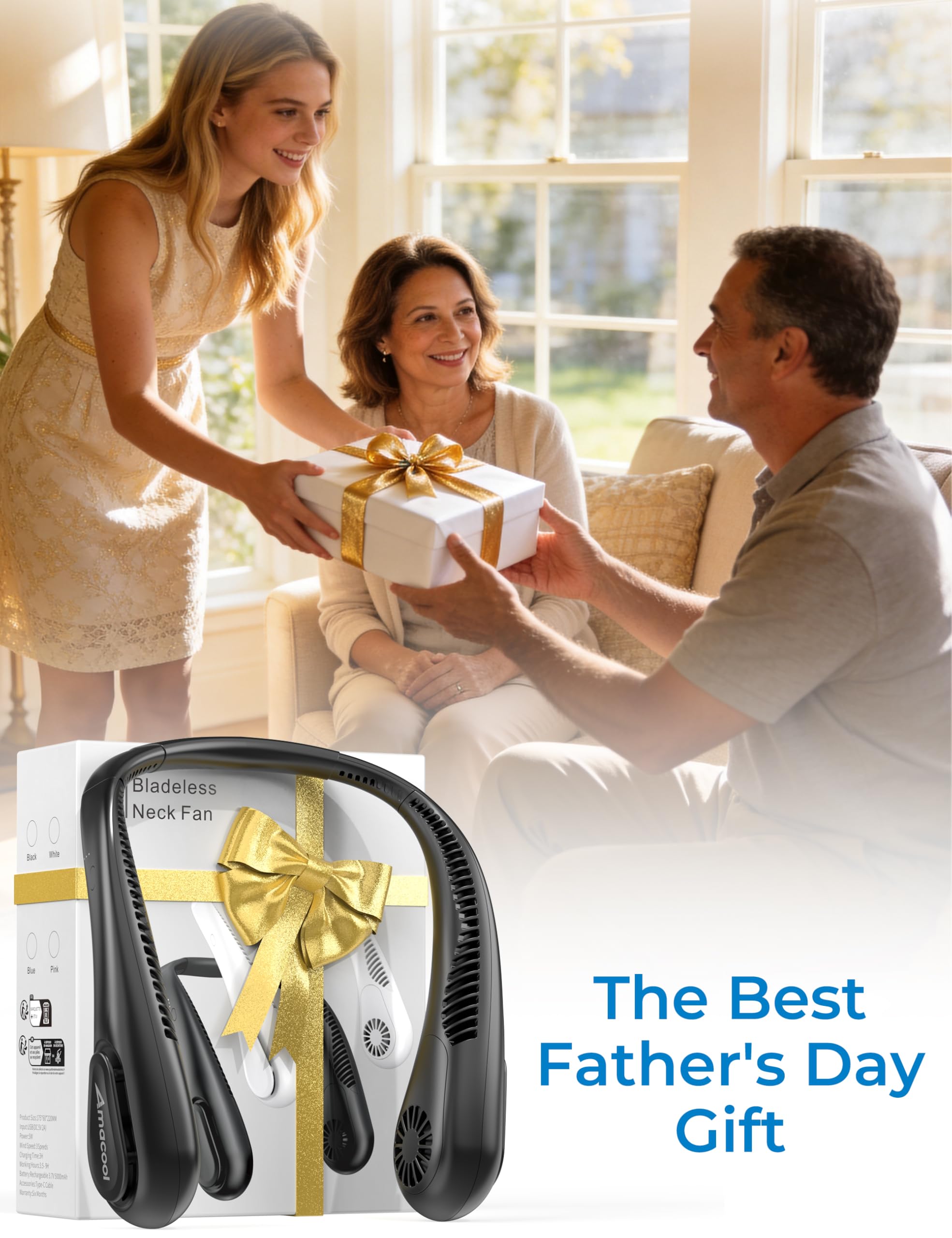 AMACOOL Bladeless Neck Fan, Mothers Day Gifts for Mom, Gifts for Fathers Day Dad Husband, Rechargeable Wearable Fan for Men Women Hot Flashes Relief Travel Outdoor Sports Golf Cruise Essentials 2026