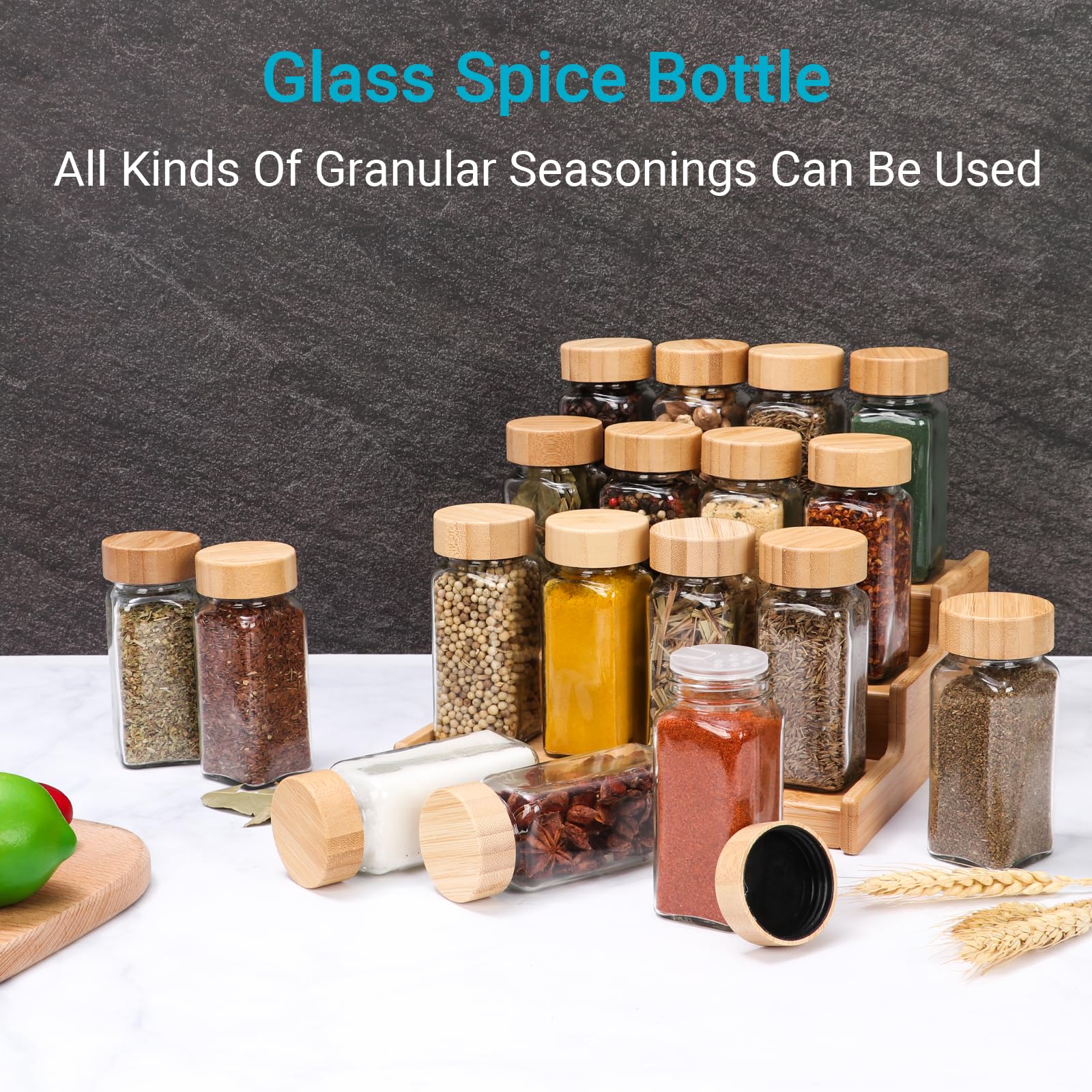 16 Pack 4oz Glass Spice Jars with Bamboo Lids,Clear Square Spice Containers Bottles with Shaker Lids,120 Spice Labels,1 Funnel and 1 Brush for Kitchen Storage