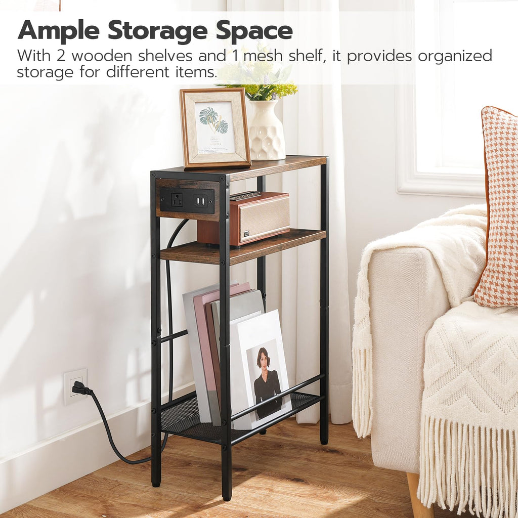 HOOBRO Narrow End Table, Side Table with Charging Station, 3-Tier Nightstand, Bedside Table with Protective Rails, for Small Space, Living Room, Bedroom, Office, Rustic Brown and Black BF102UBZ01