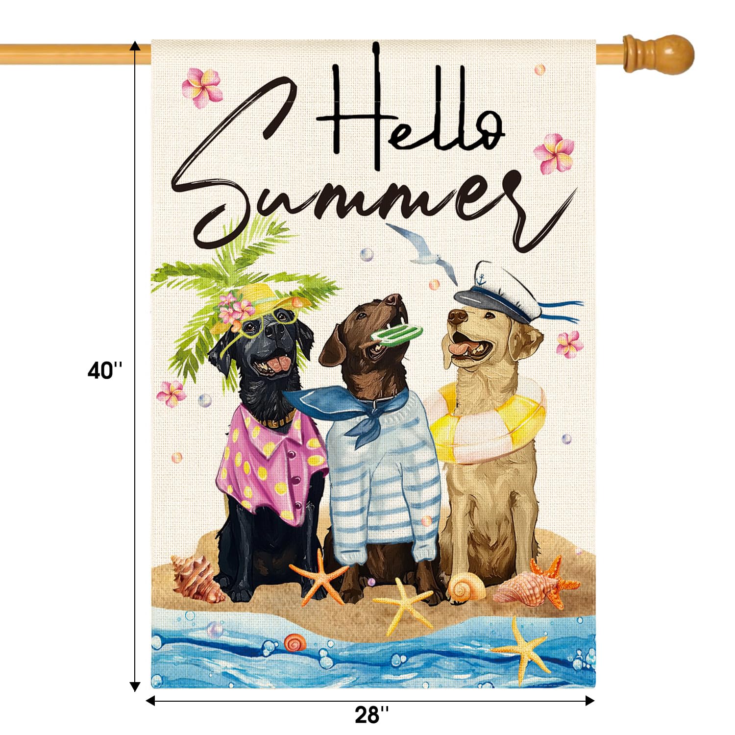 AVOIN colorlife Hello Summer Sea Beach Dogs House Flag 28x40 Inch Double Sided Outside, Floral Starfish Seasonal Holiday Yard Outdoor Decoration