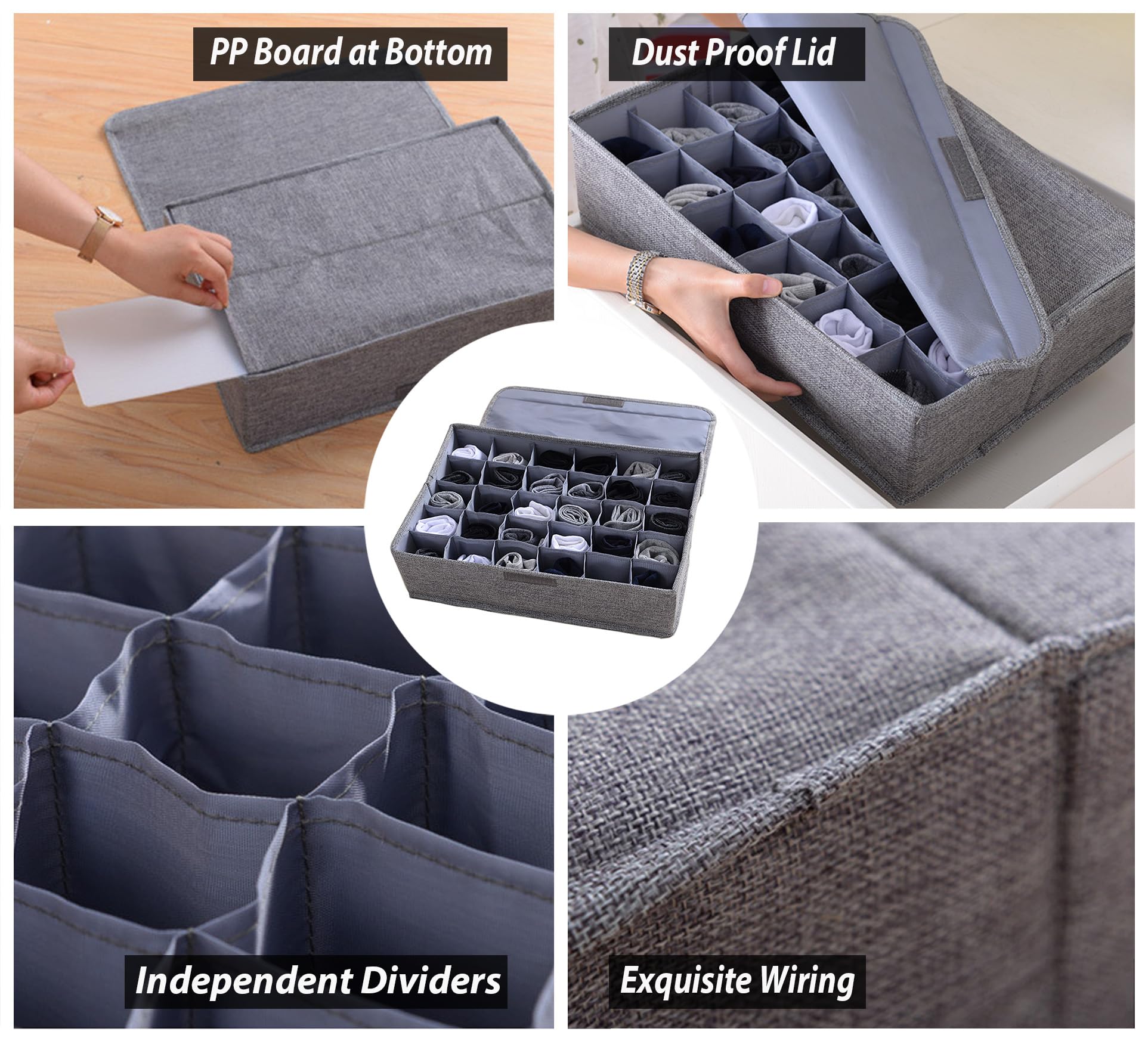 AARAINBOW 2 Packs Tie Storage Box with Lid, 60 Cells Sock Underwear Organizer for Dresser Drawer, Foldable Closet Necktie Holder for Men, Fabric Wardrobe Panty Container for Belt Scarf Lingerie, Gray
