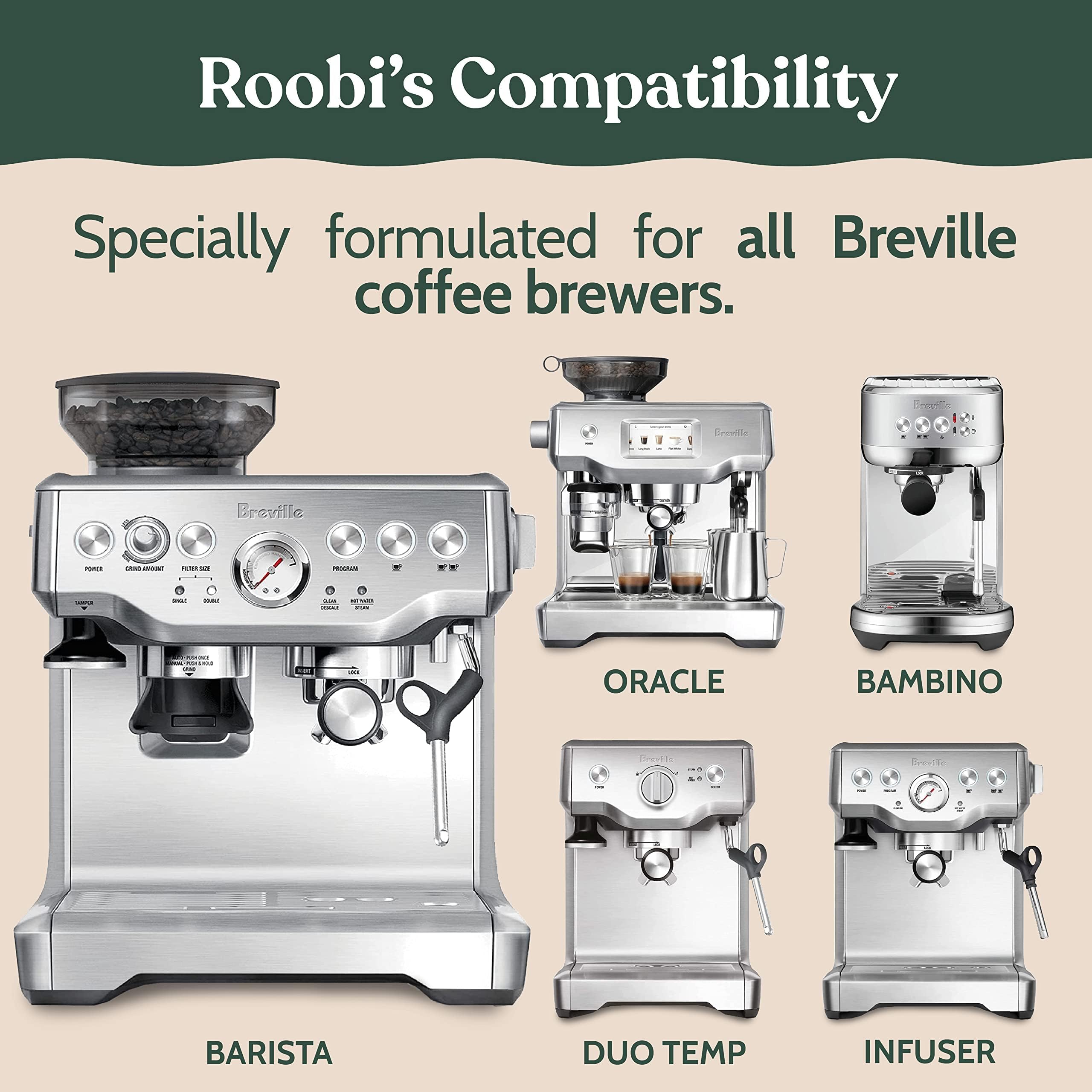 Roobi Compatible Descaling Solution for Breville. Specially Formulated to Clean & Descale your Breville Machine. 2 Uses per Bottle, 2 Pack. Eco-Friendly Carbon Neutral Maintenance Kit.