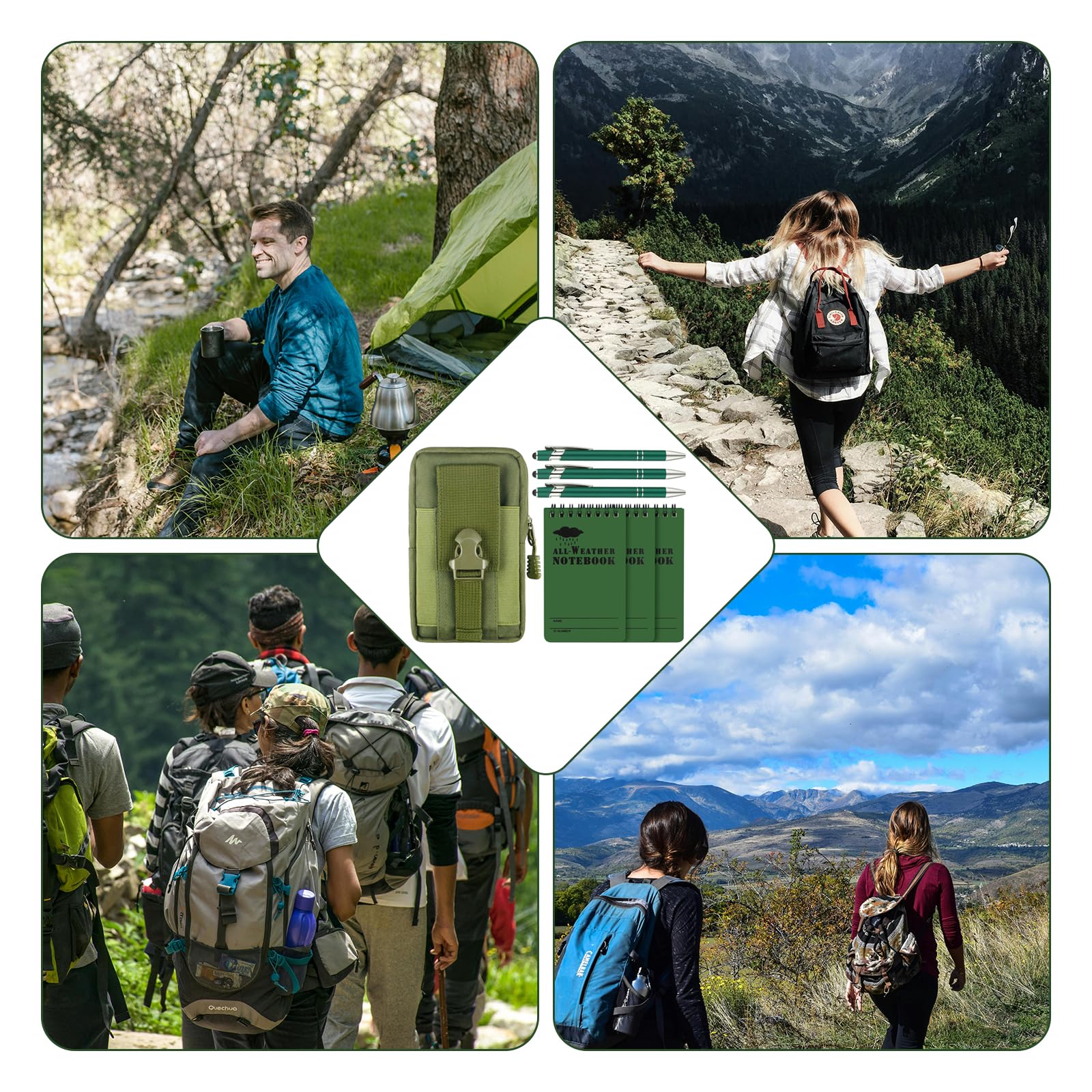 7 Piece Waterproof Notebook Set, 3 X 5 Inch Write in The Rain Notebook All Weather with Pen and Waterproof Multi Functional Waist Pack for Outdoor Activities Recording (Army Green)