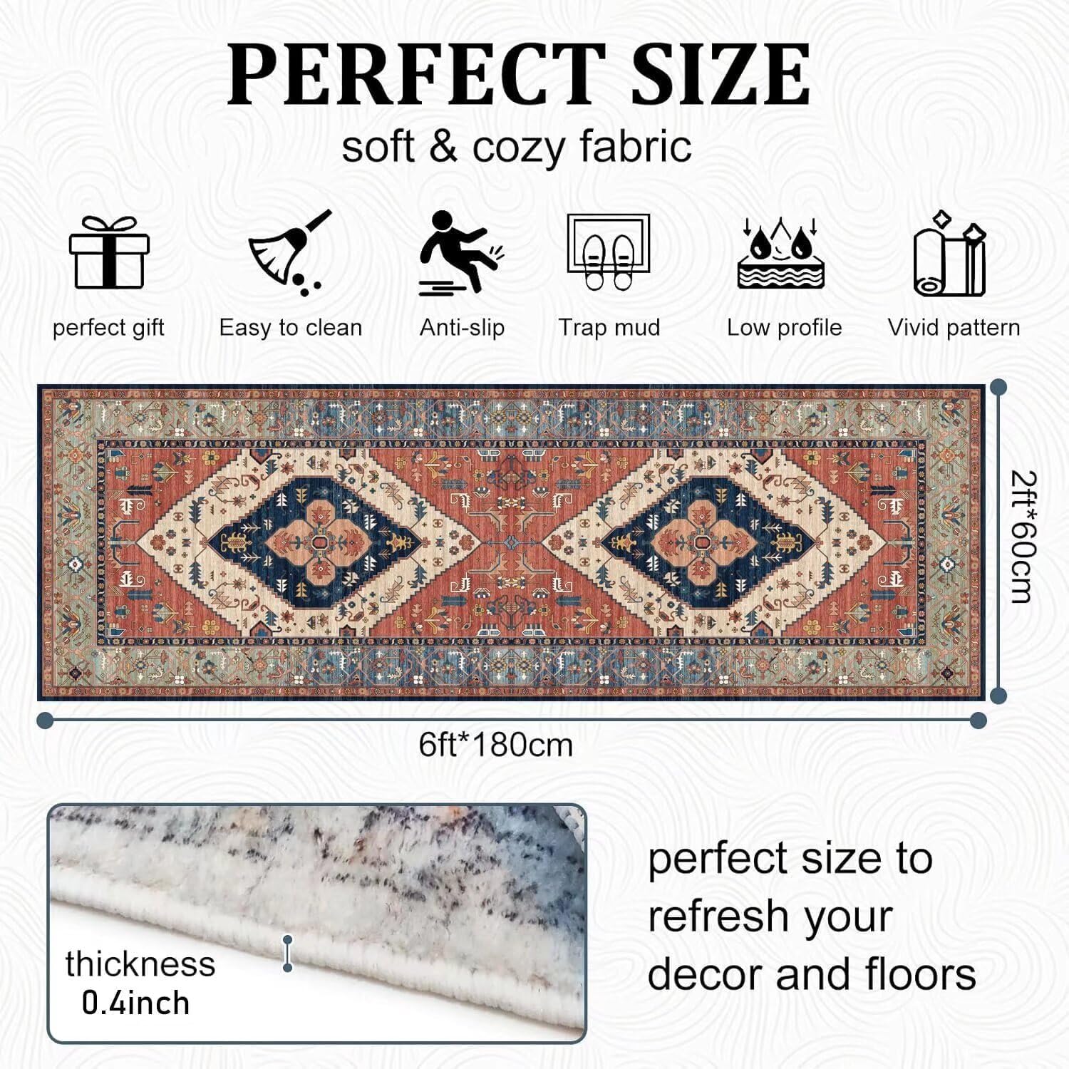 Grosrues Hallway Runner Rug 2'x6' Washable Non Slip Area Carpet - Soft Throw for Bedroom, Water Absorbent Entryway Rug - Indoor Entrance Floor Mat for Kitchen Laundry Room