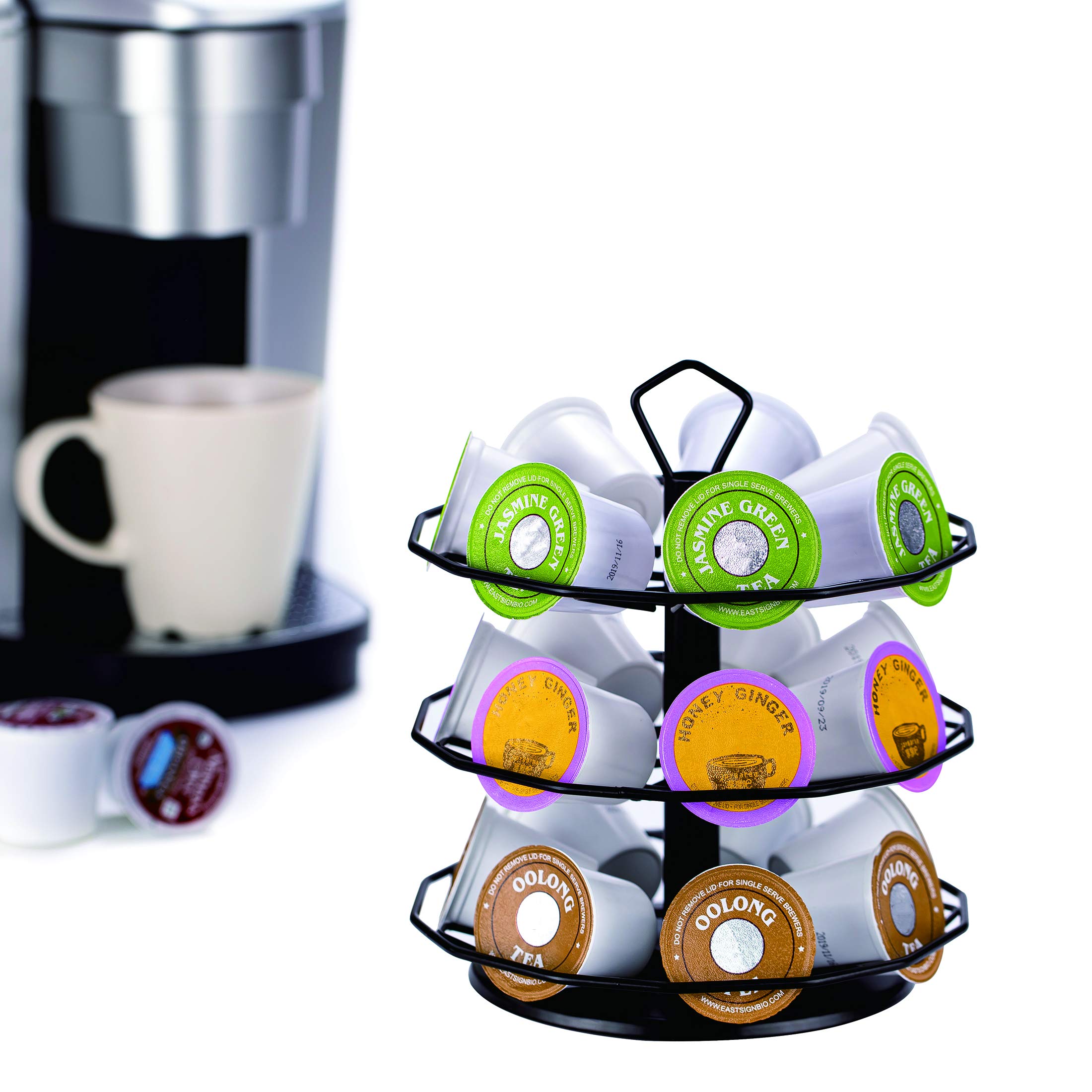 FlagShip K cup Holder Carousel 3 Tier for Keurig Pod Holder Metal DIY Install Small for K-cup Storage Stand 21 K Pod Storage