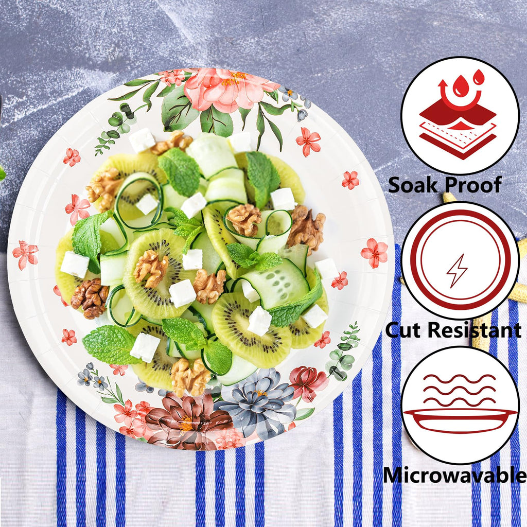 yarlung 200 Pack 9 Inch Disposable Paper Plates, Soak Proof Light Dinner Paper Plates Bulk Floral Printed Disposable Plates for Lunch, Salads, Parties Picnics and Everyday Use, Cut Resistant