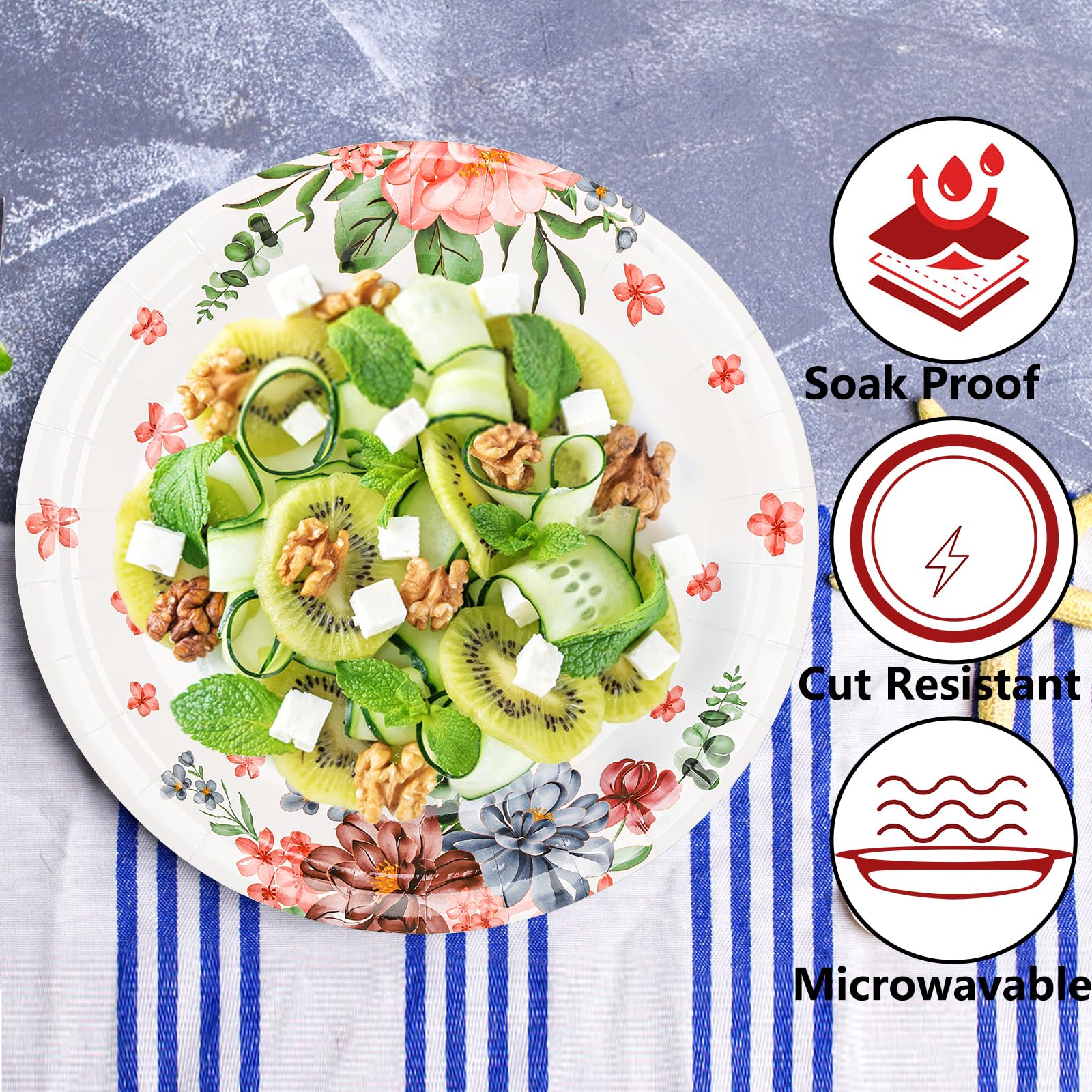 yarlung 200 Pack 9 Inch Disposable Paper Plates, Soak Proof Light Dinner Paper Plates Bulk Floral Printed Disposable Plates for Lunch, Salads, Parties Picnics and Everyday Use, Cut Resistant