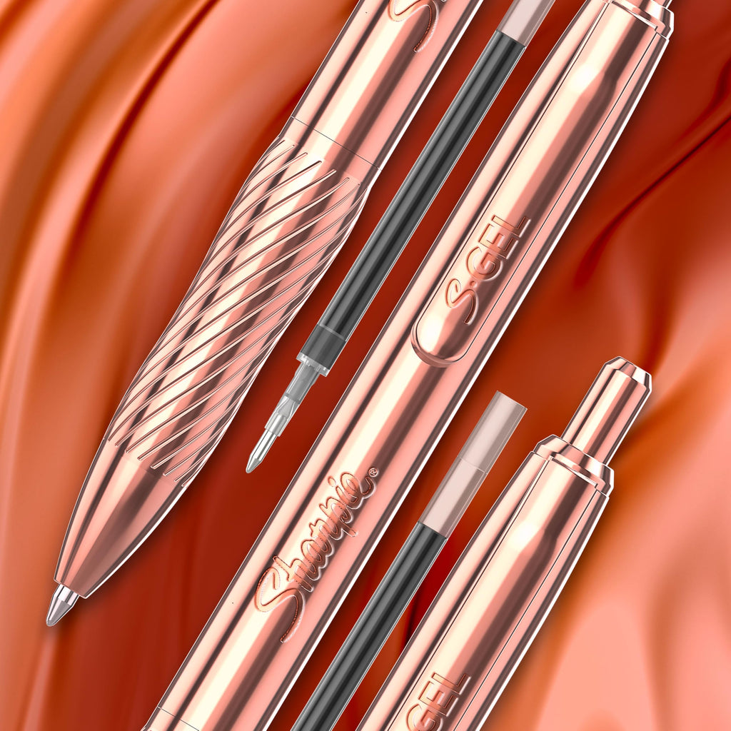 Sharpie S-Gel, Gel Pen, Copper Metal Body, Medium Point (0.7mm), Black Ink, Includes 2 Pens and 2 Additional Ink Refills
