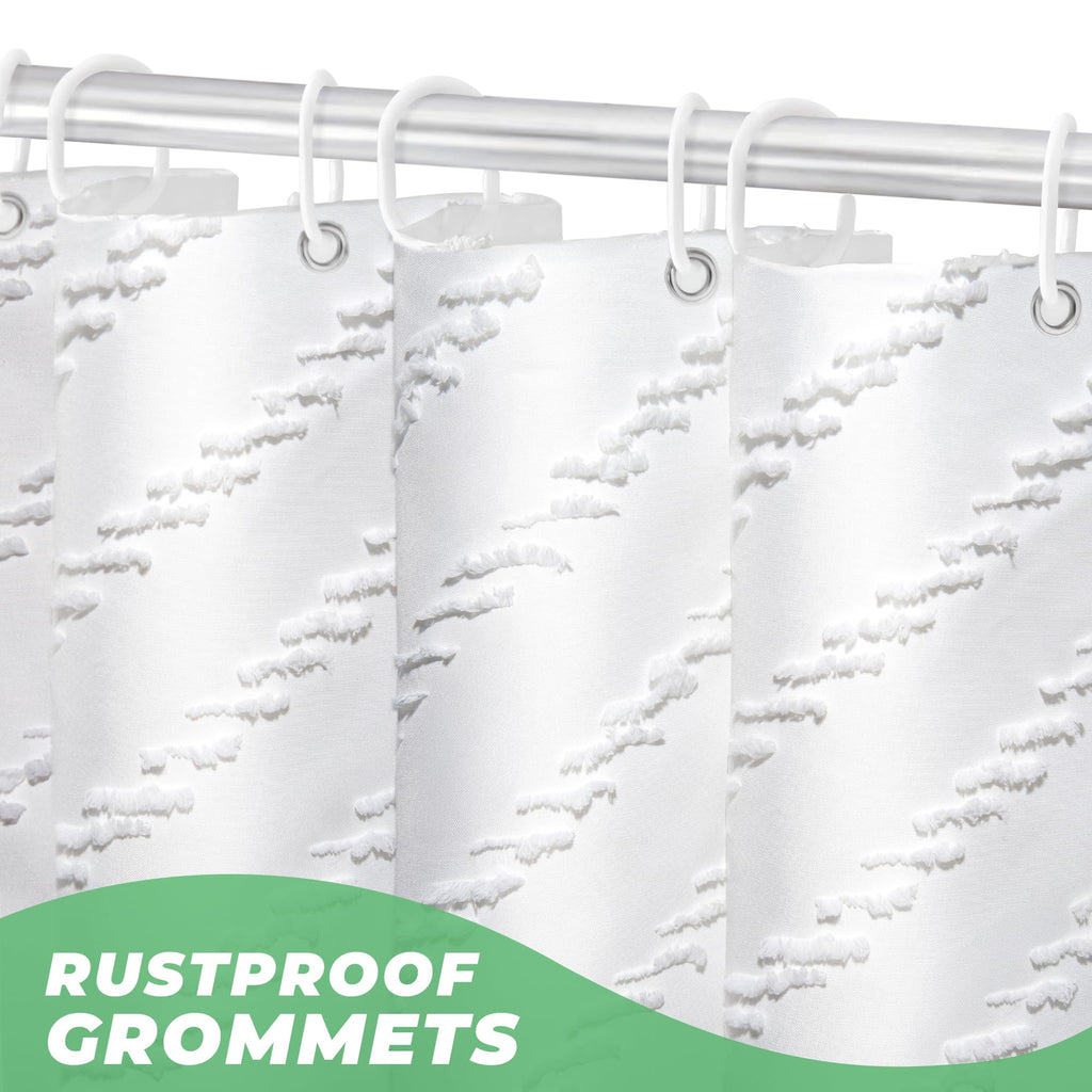 Extra Long Shower Curtains 72 x 84 Inches White Tufted Chevron Striped Fabric Shower Curtains for Bathroom Modern Shabby Chic Waterproof Cloth Shower Curtain Set with Hooks, White