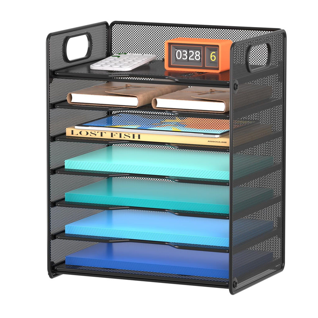 Samstar 7 Tier Paper Letter Tray, Mesh Desk File Organizer File Sorter Rack Shelves with Handles, Black
