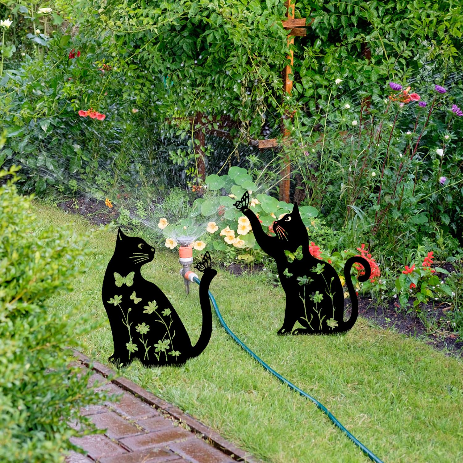 2Pcs Metal Cat Garden Statues HADEEONG Decorative Garden Stakes Black Ornaments Cat Lover Gifts for Lawn Ornaments Yard Patio Outdoor Decorations