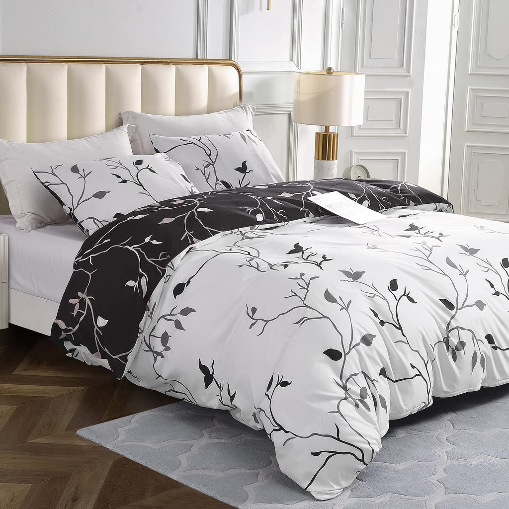Conworld Reversible Duvet Cover Queen, White Black Tree Branch Pattern Queen Duvet Cover Set 3pc Soft Microfiber Breathable Botanical Bedding Sets with Zipper Ties