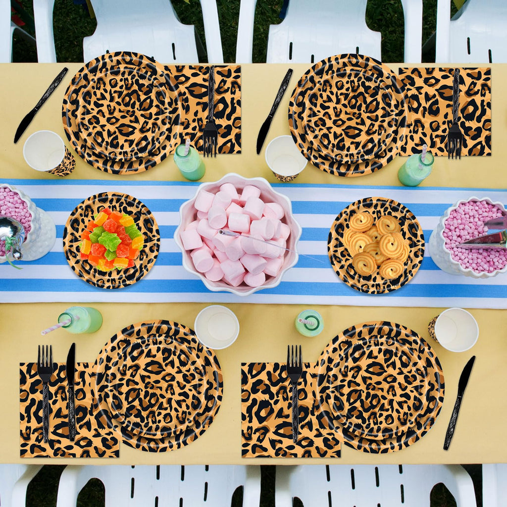Poqirzan 144PCS Leopard Print Party Supplies Cheetah Print Party Tableware Set Paper Plates Napkins Cups Cutlery for Birthday Shower Baby Shower Jungle Safari Theme Party Decorations Serve 24