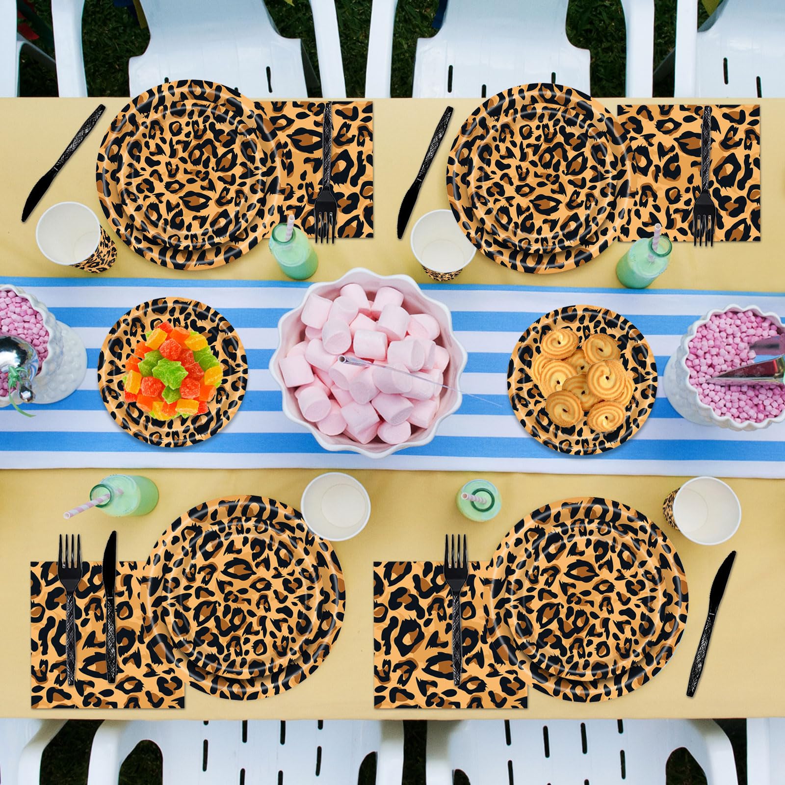 Poqirzan 144PCS Leopard Print Party Supplies Cheetah Print Party Tableware Set Paper Plates Napkins Cups Cutlery for Birthday Shower Baby Shower Jungle Safari Theme Party Decorations Serve 24