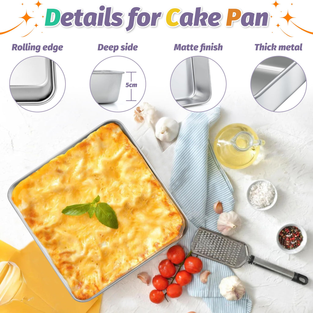 8 x 8 Inch Square Cake Pan with Lid, HaSteeL Baking Sheet with Plastic Cover, Stainless Steel Bakeware Brownie Tin Lasagna Pan, Healthy & Non-Toxic, Matte Finish & Dishwasher Safe, 1 Pan + 1 Lid
