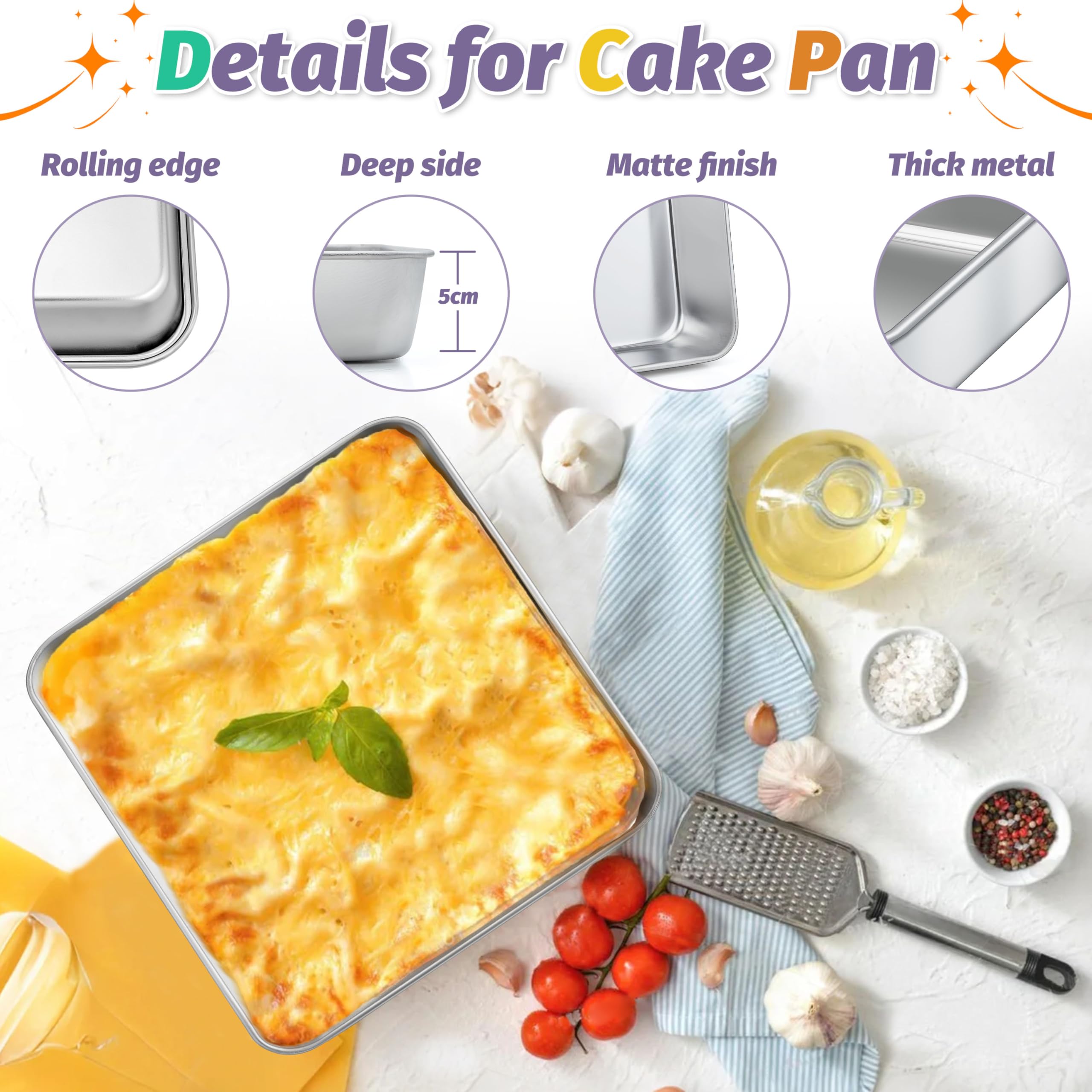 8 x 8 Inch Square Cake Pan with Lid, HaSteeL Baking Sheet with Plastic Cover, Stainless Steel Bakeware Brownie Tin Lasagna Pan, Healthy & Non-Toxic, Matte Finish & Dishwasher Safe, 1 Pan + 1 Lid