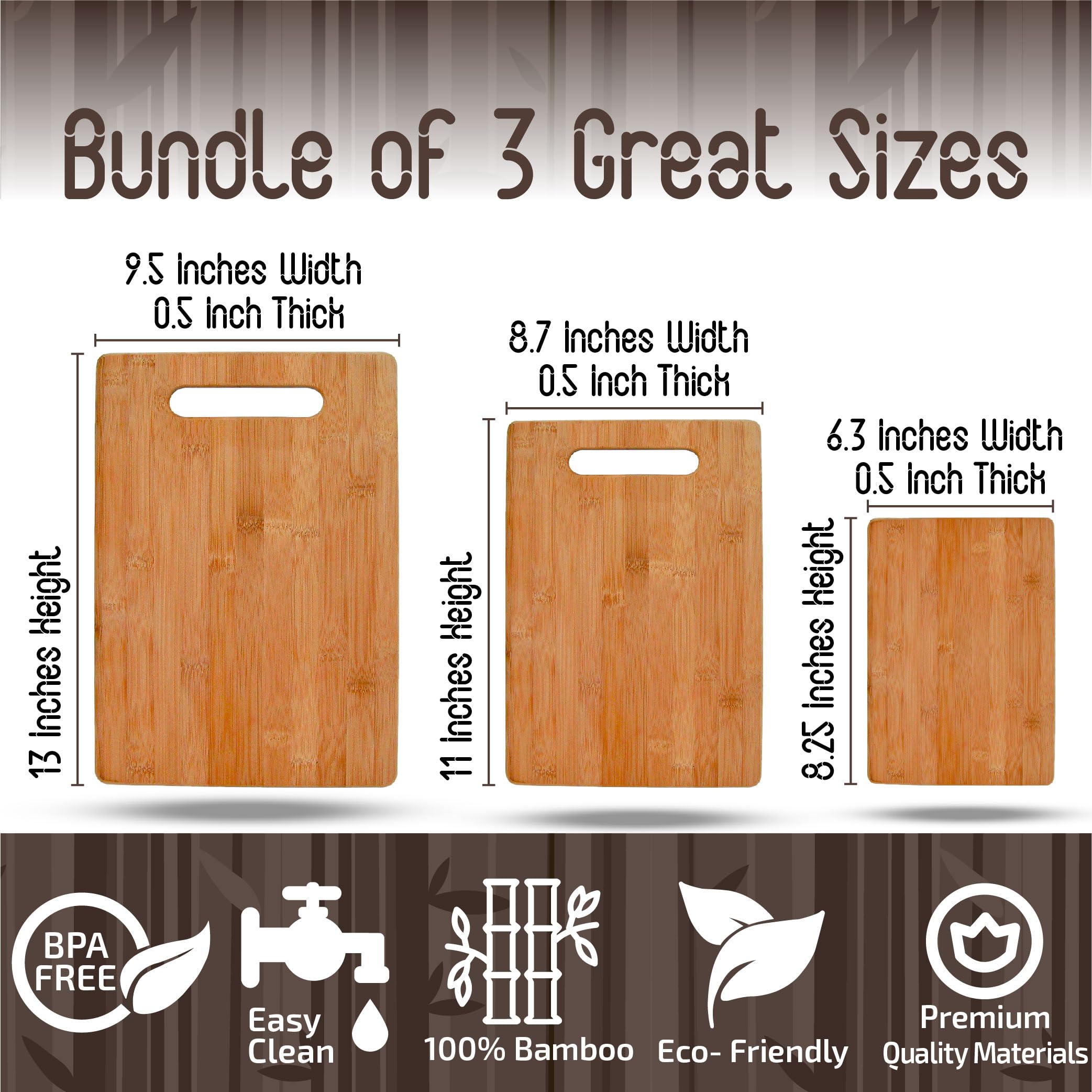 Cutting Board Set - 3 Piece Bamboo Cutting Boards, Wooden Cutting Board for Kitchen, Non Toxic Chopping Board for Food Prep, Serving, Meal Prep, Carving Meat, Fruits, Vegetables, Bread, Cheese, Snacks