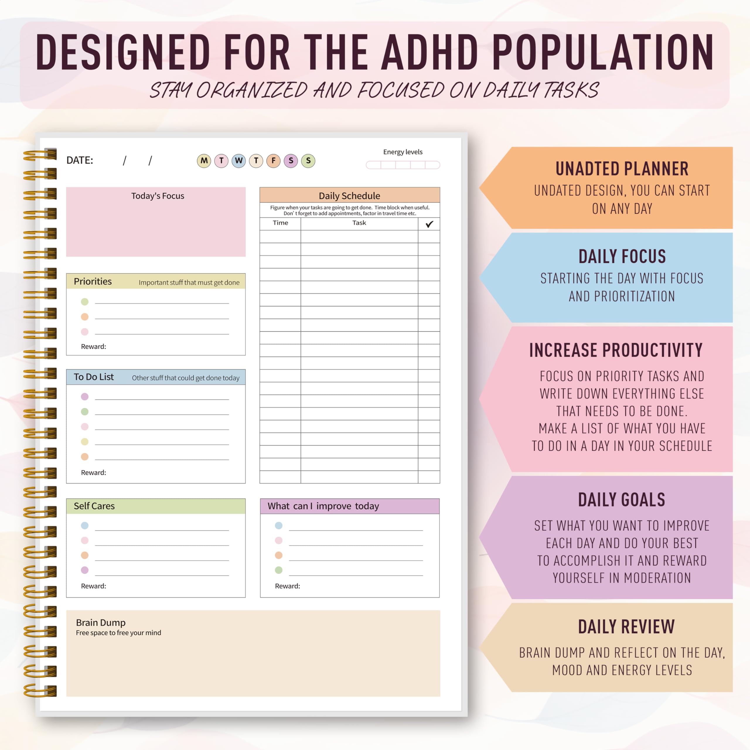 ADHD Planner for Women，Daily Productivity Planner with Task Management Organizer for Neurodivergent Adult,Teens , Self-Cares, Daily Schedule,To-Do List,Brain Dump,ADHD Journal with Cardboard Cover to
