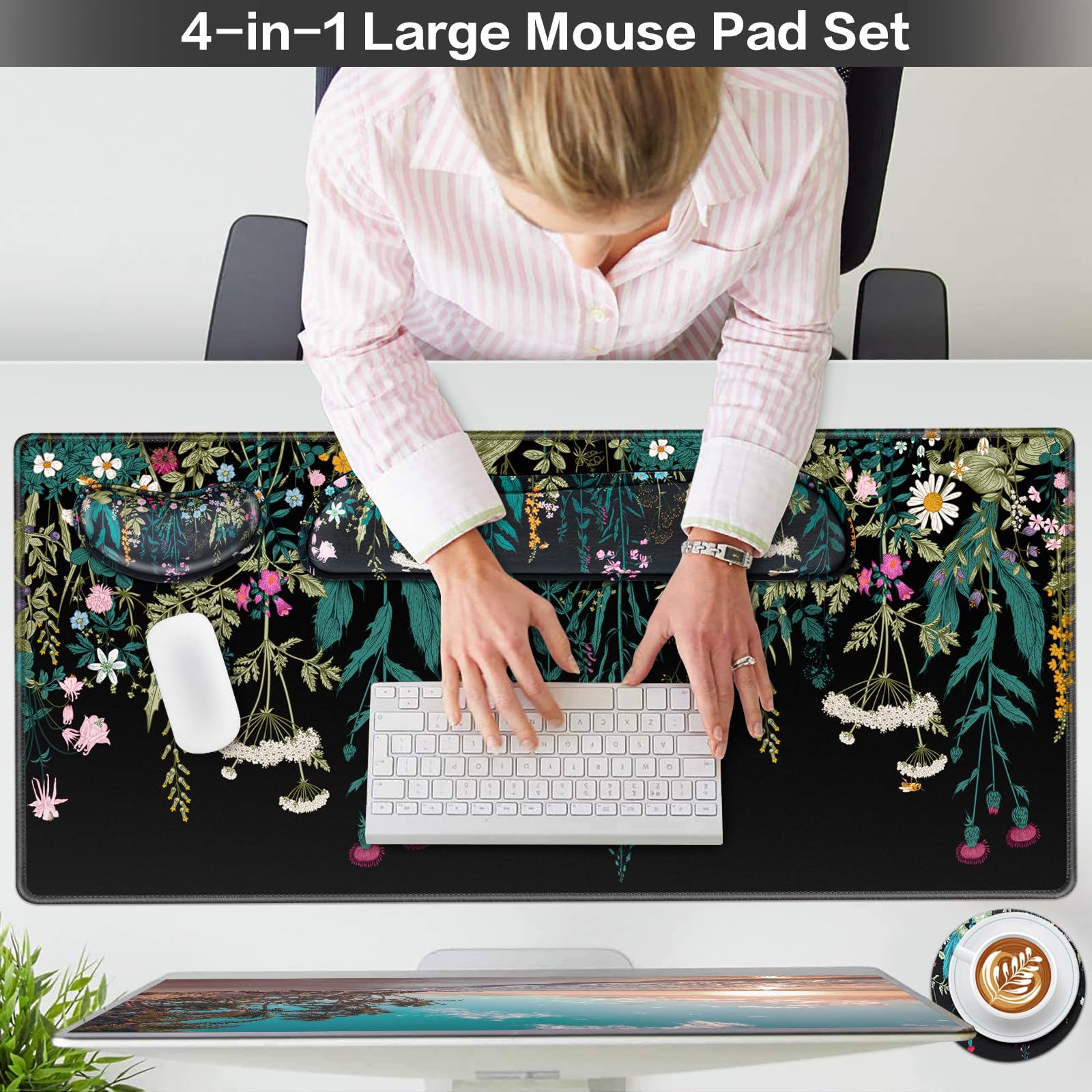 Mouse Pad, Large Gaming Mouse Pad with Wrist Rest, 4in1 XXL Desk Mat+Keyboard Wrist Rest+Wrist Support+Cup Coaster Set Ergonomic Floral Computer Desk Arm Wrist for Decor Home Office Women