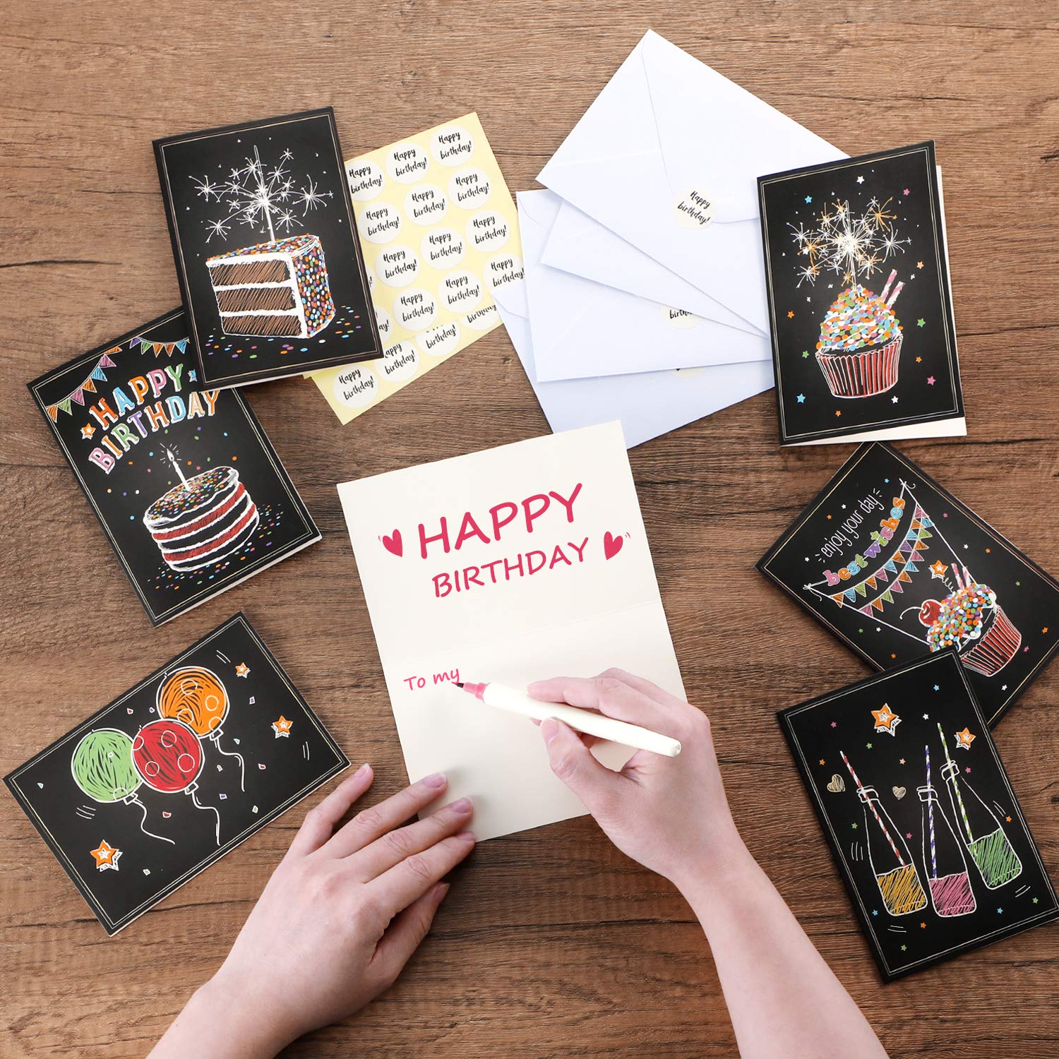 Ohuhu Assorted Happy Birthday Cards, 48 Pack Black Folded Cards for Kids’ Birthdays, Blank Inside Greeting Note Cards w/White Envelopes and Stickers, 4x6 inch, Birthday Party Invitation DIY Cardstock