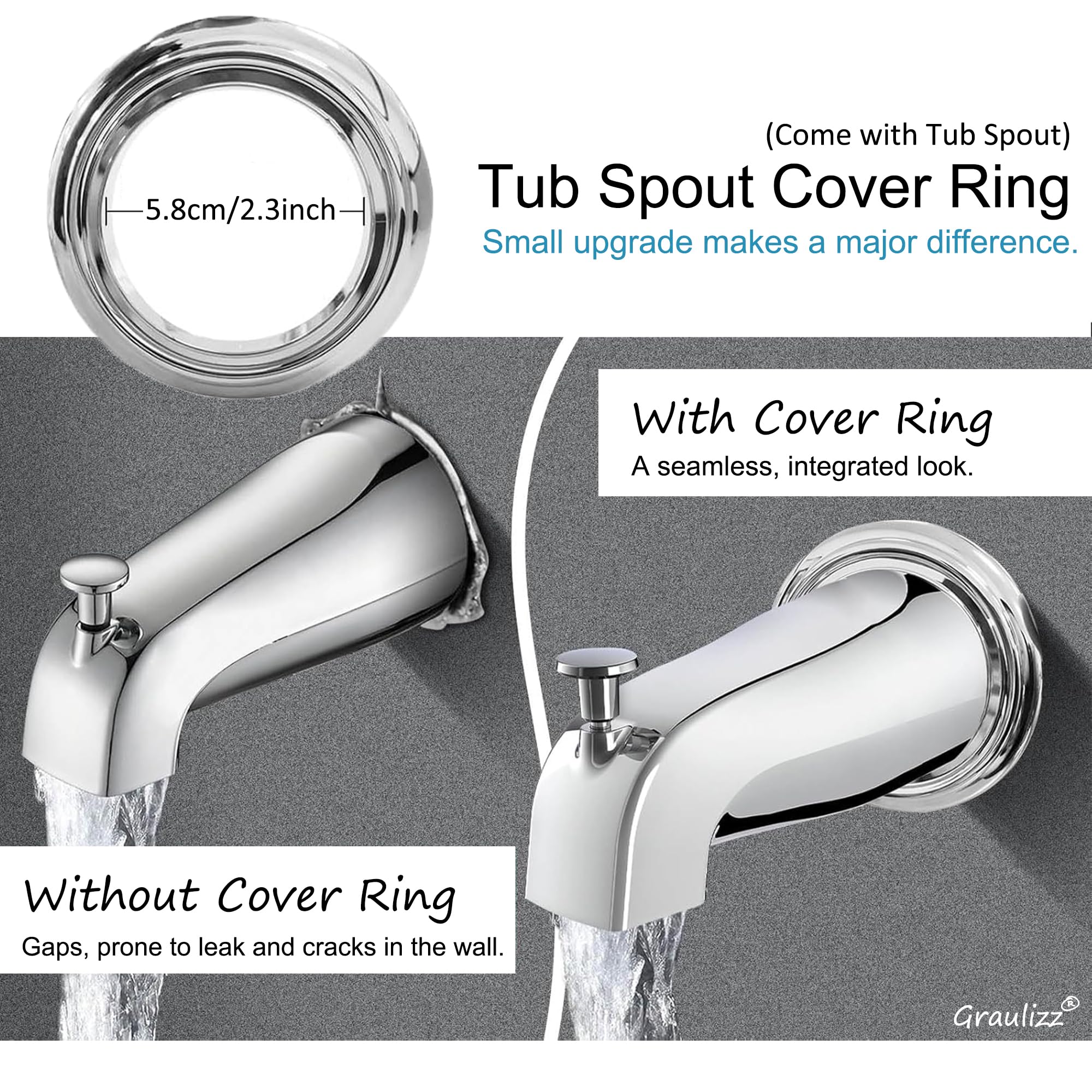 Tub Spout with Diverter, Slip on Bathtub Spout Replacement with Cover Ring Compatible with 1/2” Copper Pipe (5/8" Diameter), Universal Bath Tub Faucet Spout, Chrome
