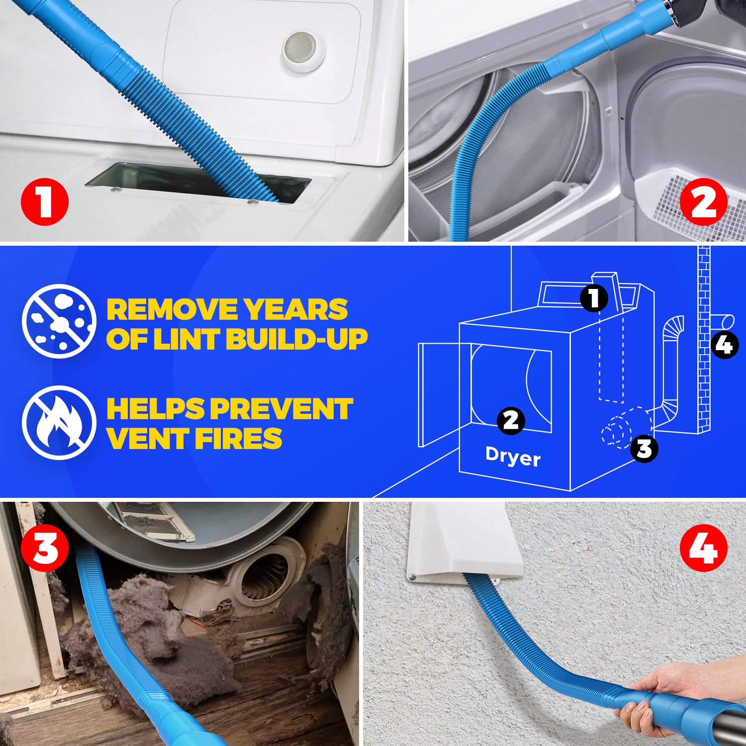 Holikme 2 Pieces Dryer Vent Cleaning Kit, Dryer Vent Cleaner Lint Vacuum Attachment and Flexible Lint Brush, Vacuum Hose Attachment Brush Lint Remover Power Washer, Blue