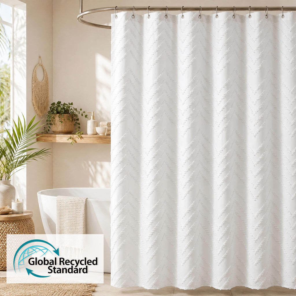 White Boho Fabric Shower Curtain 72 x 72 Inches, Modern Shabby Chic Textured Tufted Chevron Striped Minimalist Cloth Bathroom Shower Curtain