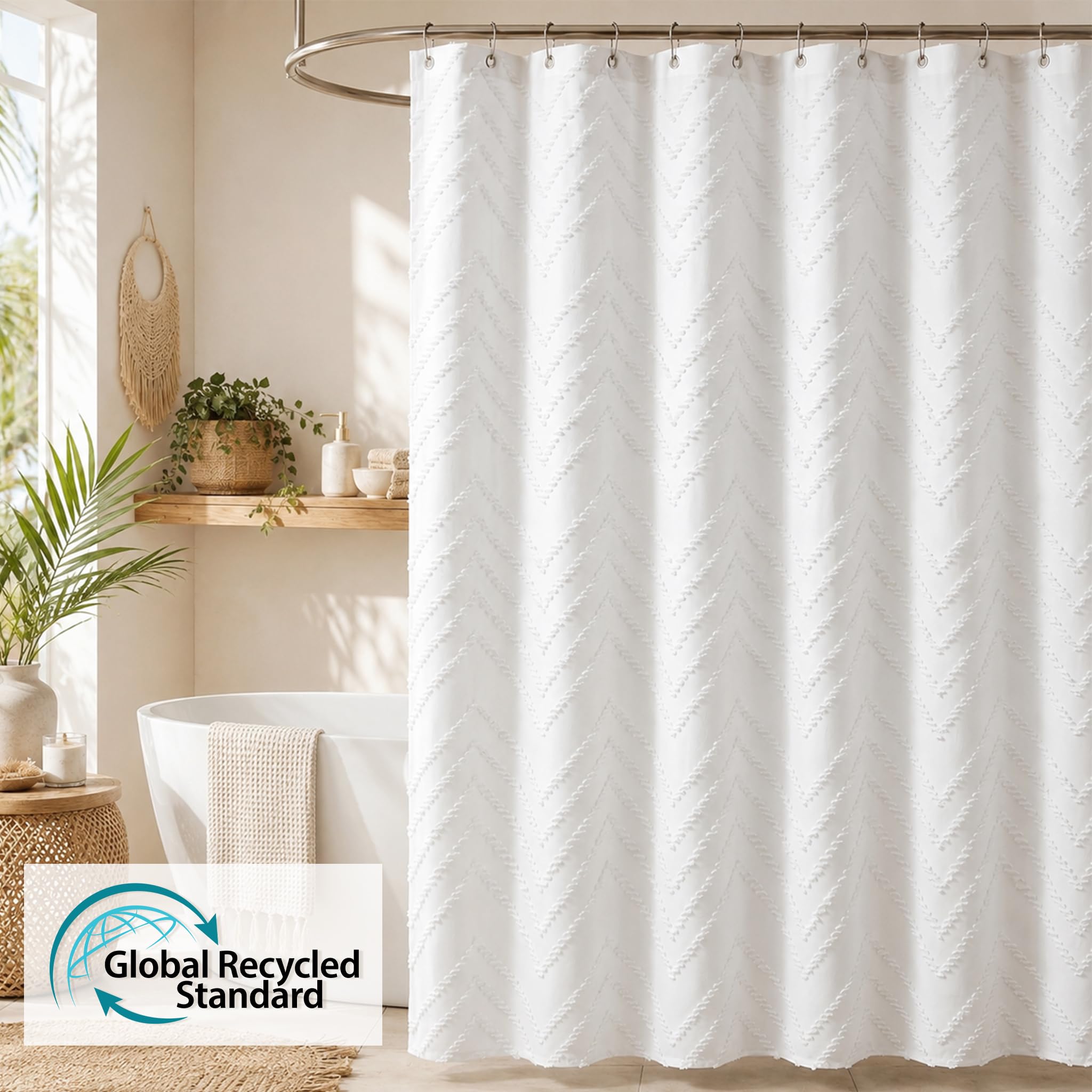 White Boho Fabric Shower Curtain 72 x 72 Inches, Modern Shabby Chic Textured Tufted Chevron Striped Minimalist Cloth Bathroom Shower Curtain