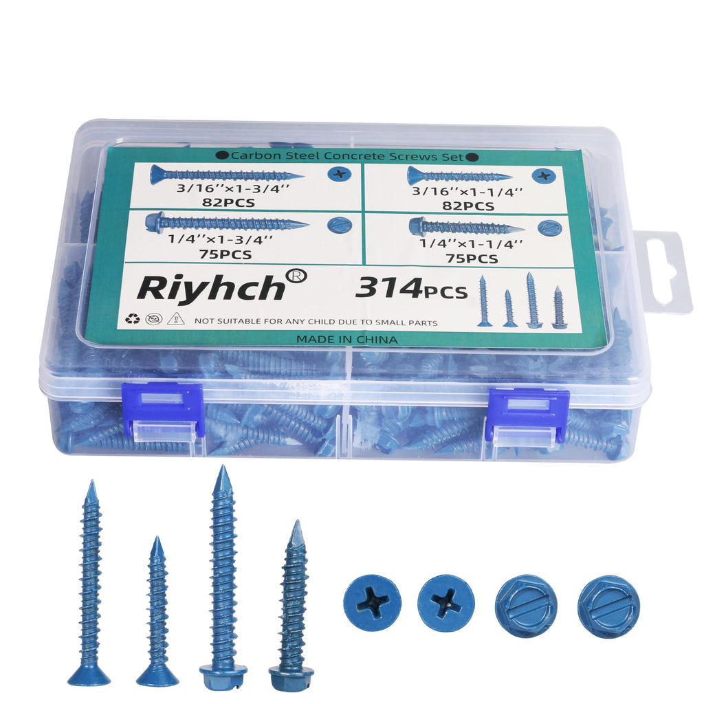 314Pcs Concrete Screws Set,Carbon Steel 1022A Flat & Hex Head Concrete Screws 1/4" x1-1/4 to 2-1/4" and 3/16" x1-1/4 to 2-3/4"Screw Assortment Kit