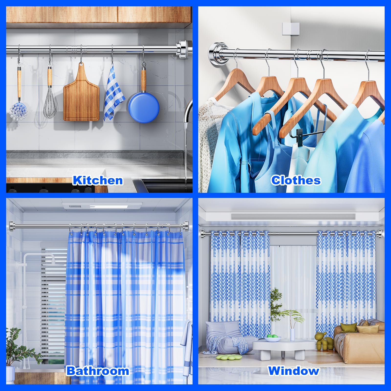 Ausemku Shower Curtain Rod Tension - 32-80 Inch Never Rust Non-Slip Spring Tension Curtain Rod No Drilling Stainless Steel Curtain Rod Use Bathroom Kitchen（Silver）